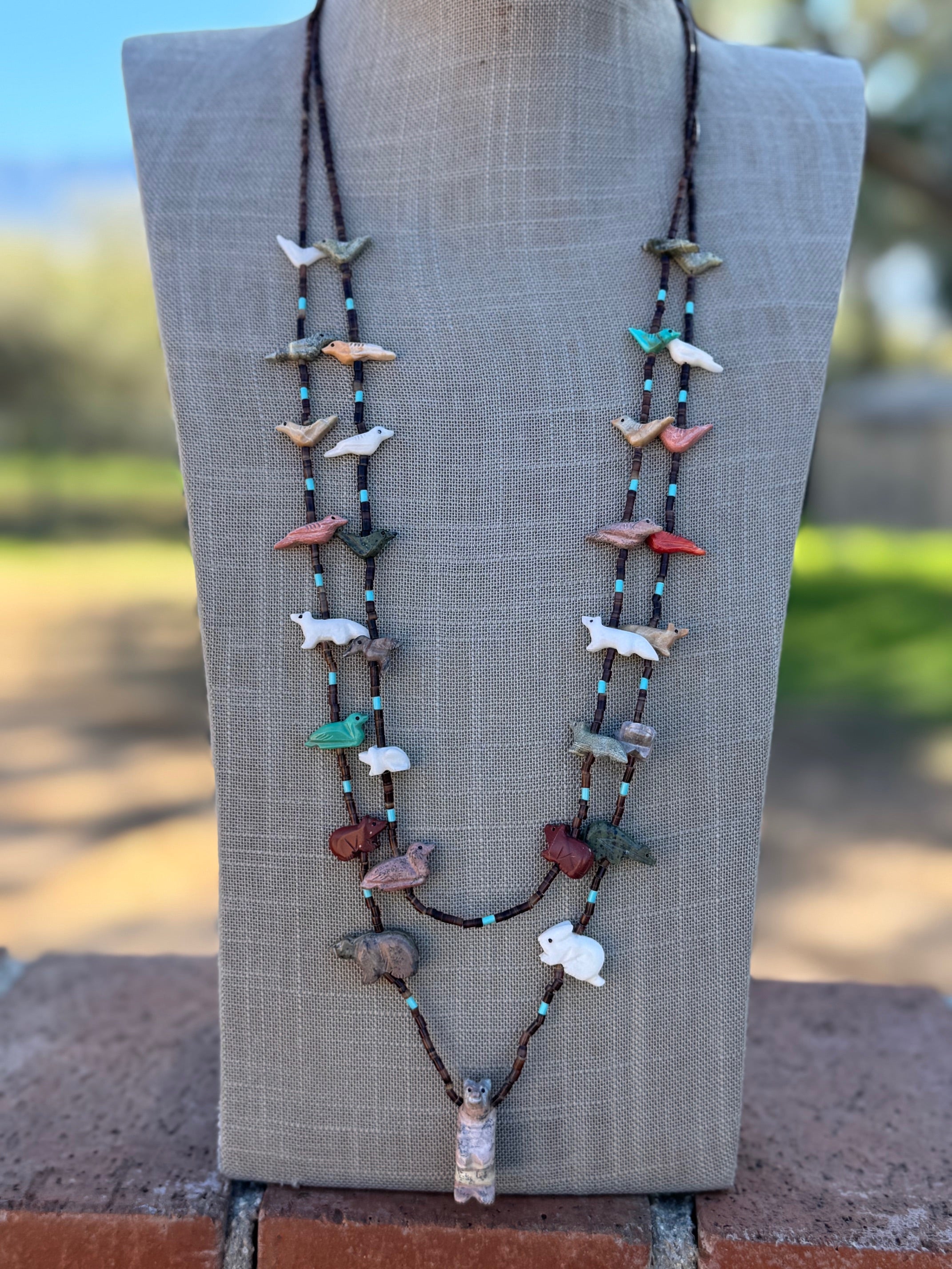 Handcrafted Sterling Silver & Beaded Fetish 2 strand Necklace 30"