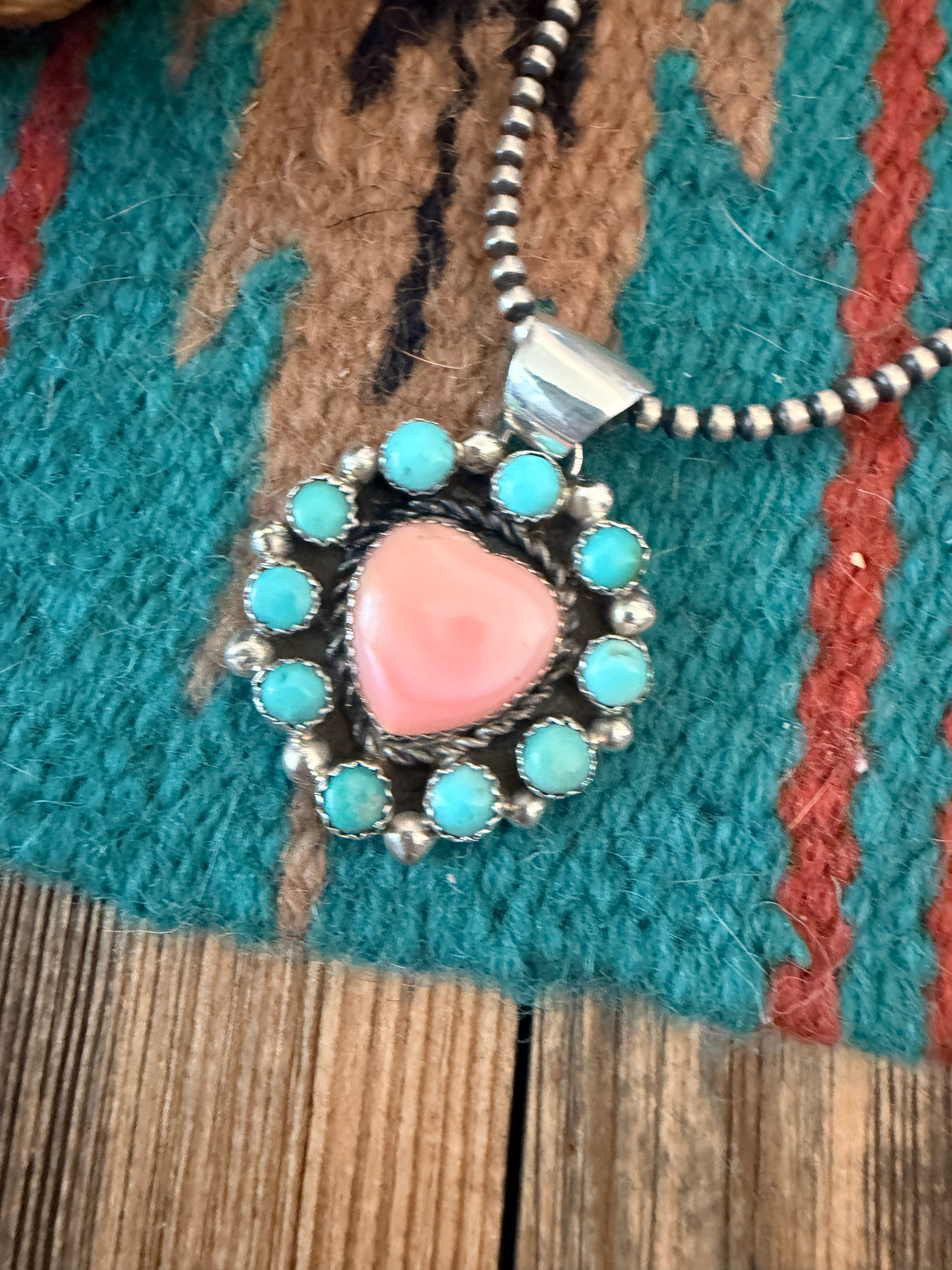Handcrafted Sterling Silver, Queen Pink Conch & Turquoise Heart Pendant by Robert Shakey