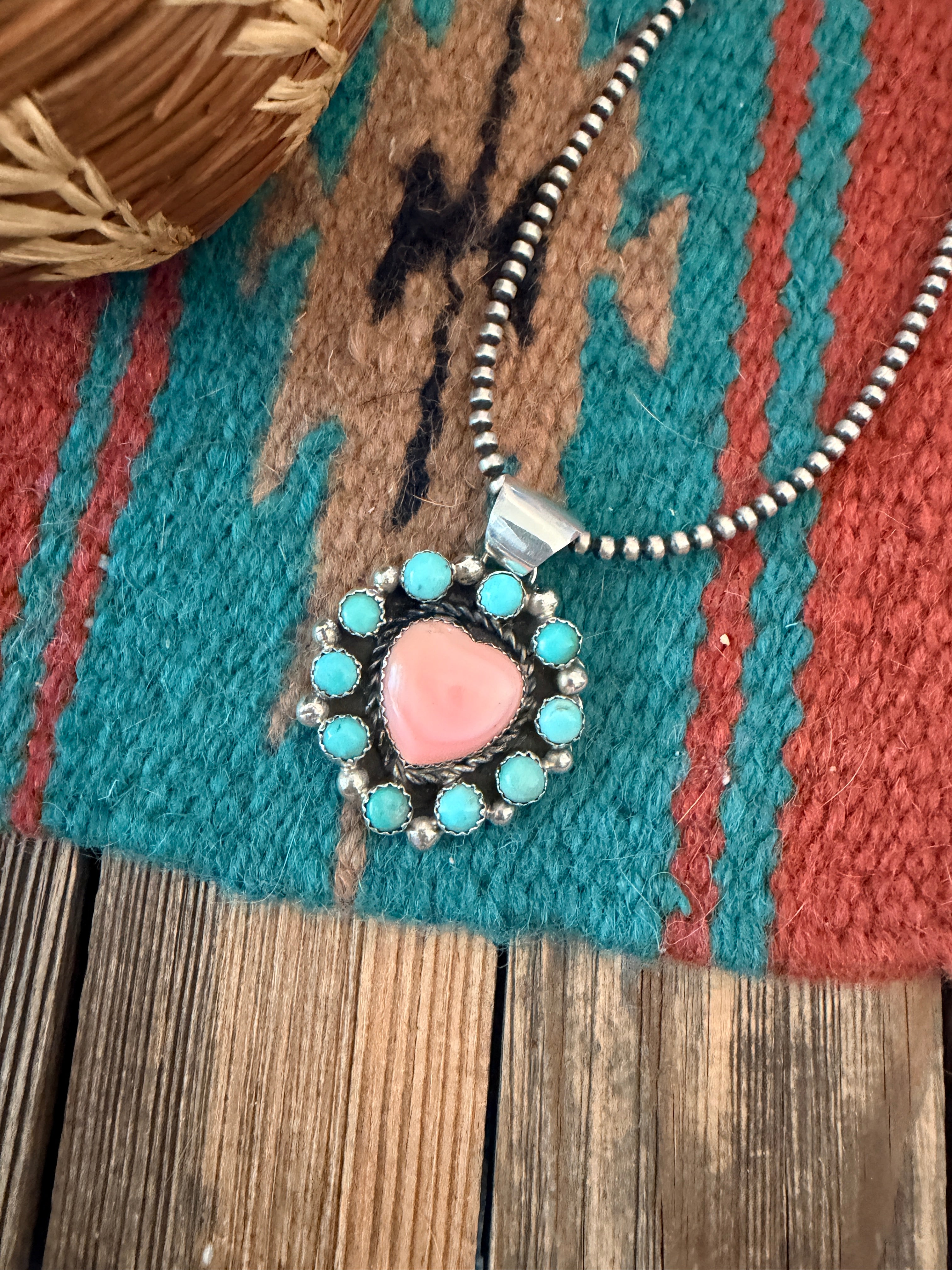 Handcrafted Sterling Silver, Queen Pink Conch & Turquoise Heart Pendant by Robert Shakey