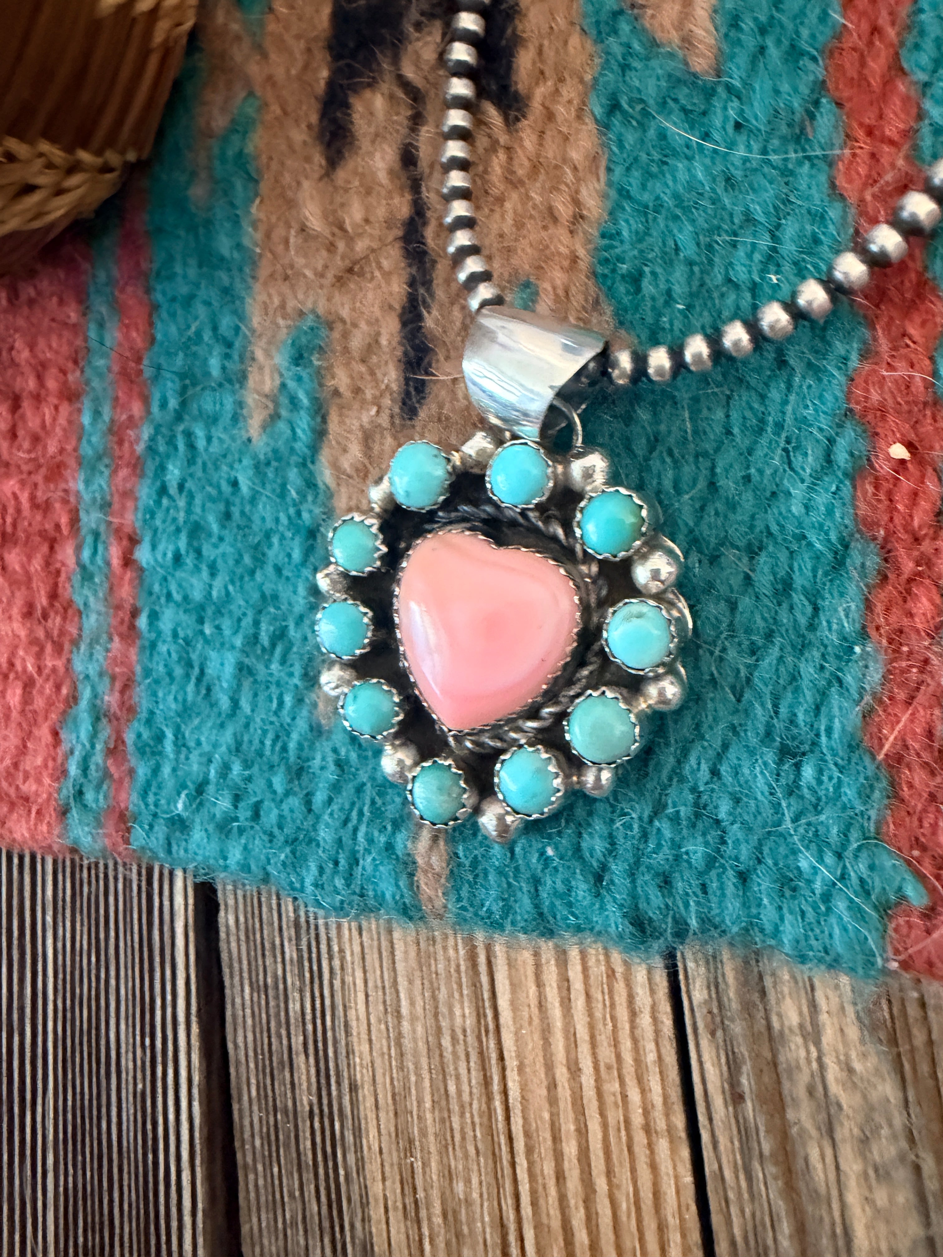 Handcrafted Sterling Silver, Queen Pink Conch & Turquoise Heart Pendant by Robert Shakey