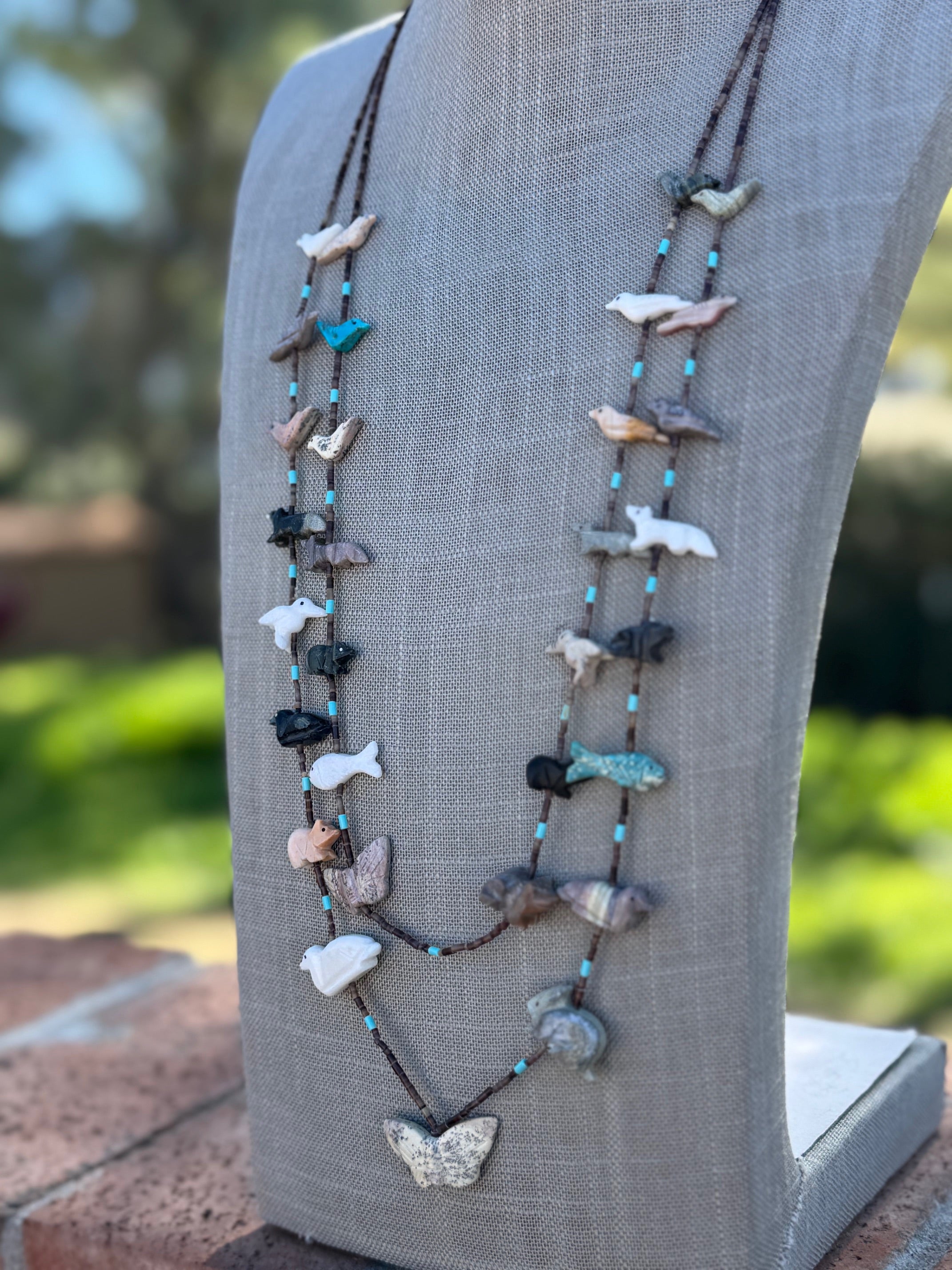 Handcrafted Sterling Silver & Beaded Fetish 2 strand Necklace 30"