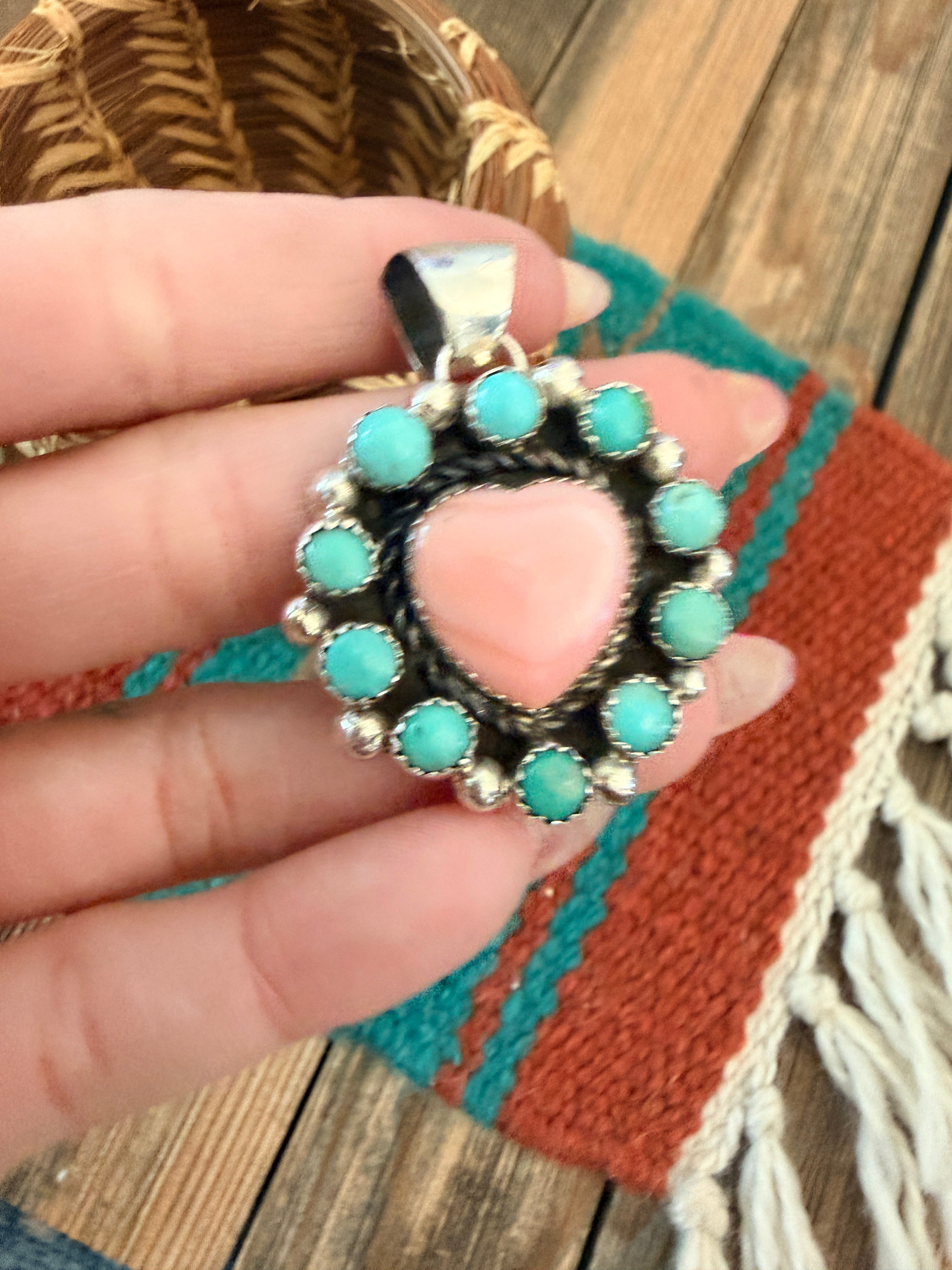Handcrafted Sterling Silver, Queen Pink Conch & Turquoise Heart Pendant by Robert Shakey