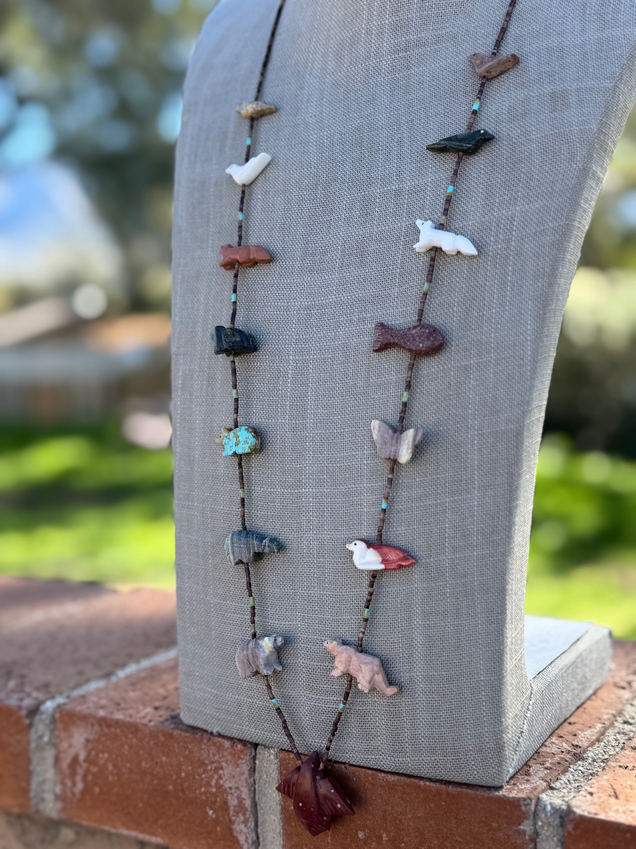 Handcrafted Sterling Silver & Beaded Fetish Necklace 34"