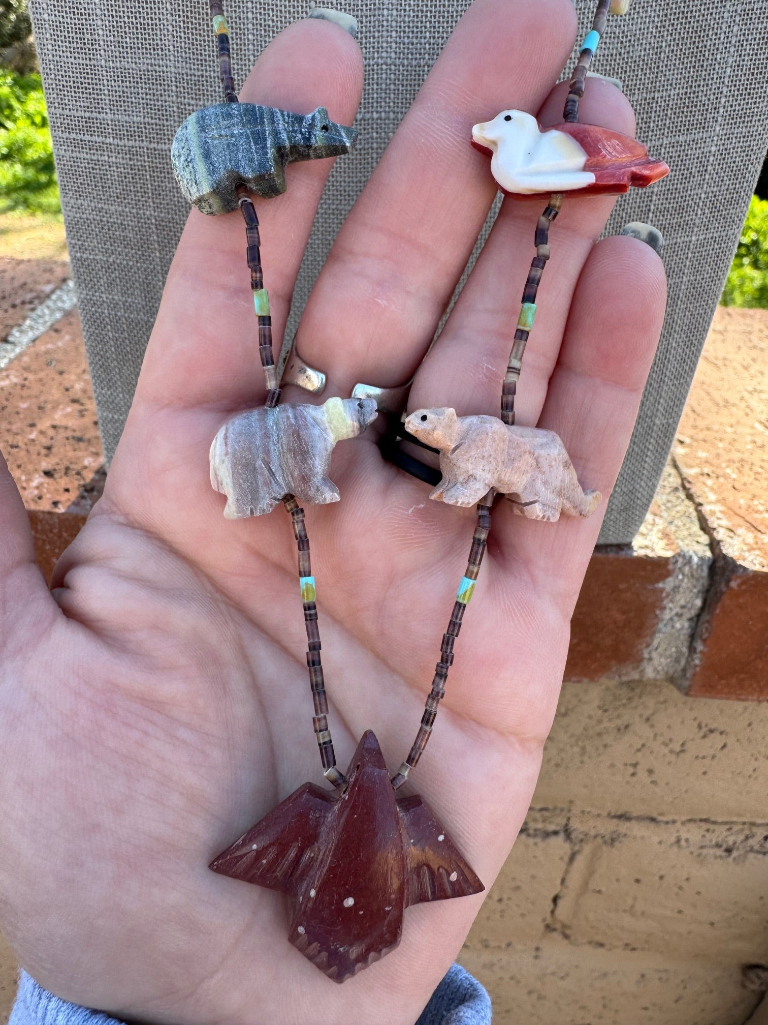 Handcrafted Sterling Silver & Beaded Fetish Necklace 34"
