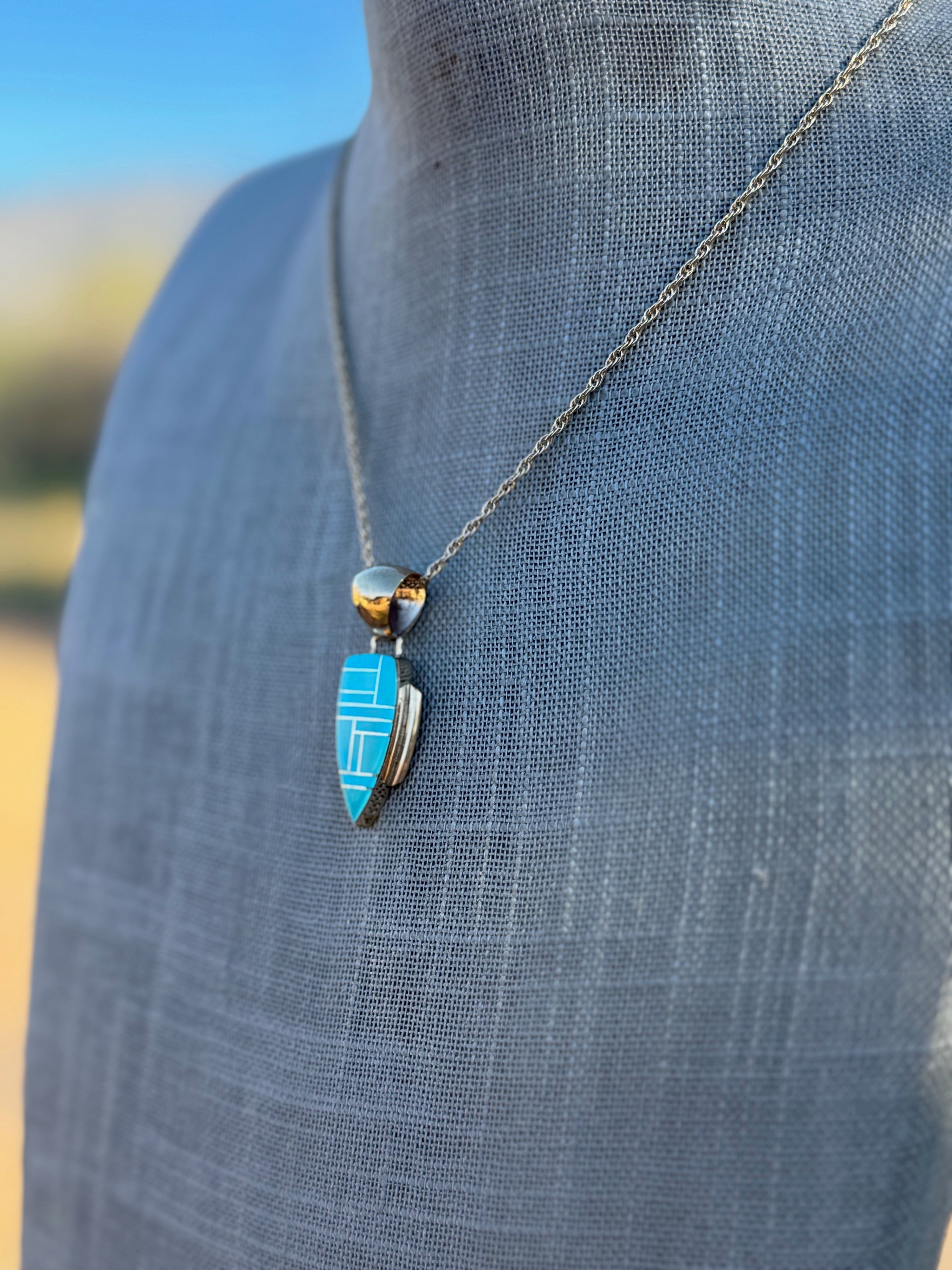 Handmade Gold Filled Over Sterling Silver & Turquoise Inlay Pendant Necklace 16"