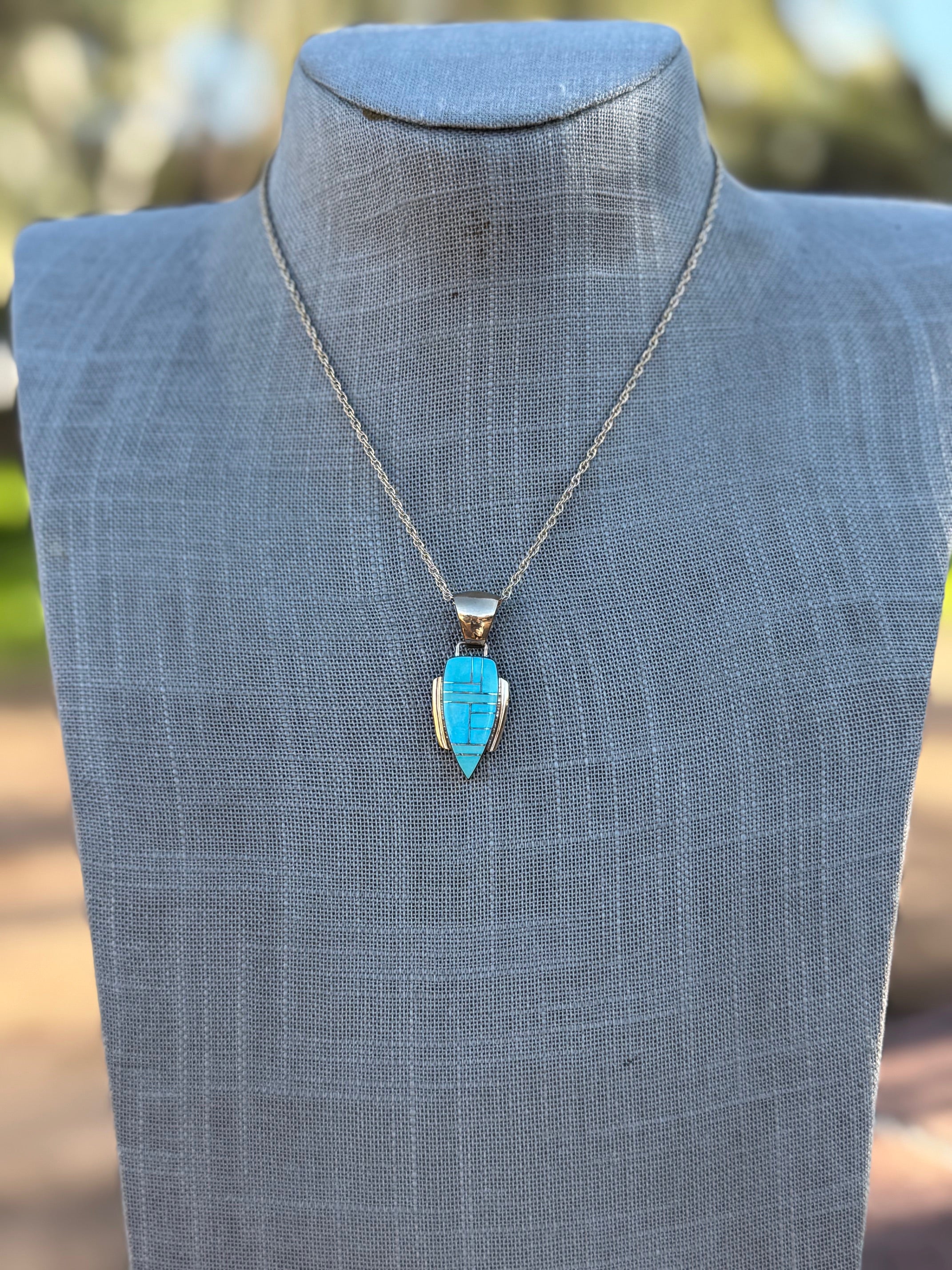 Handmade Gold Filled Over Sterling Silver & Turquoise Inlay Pendant Necklace 16"