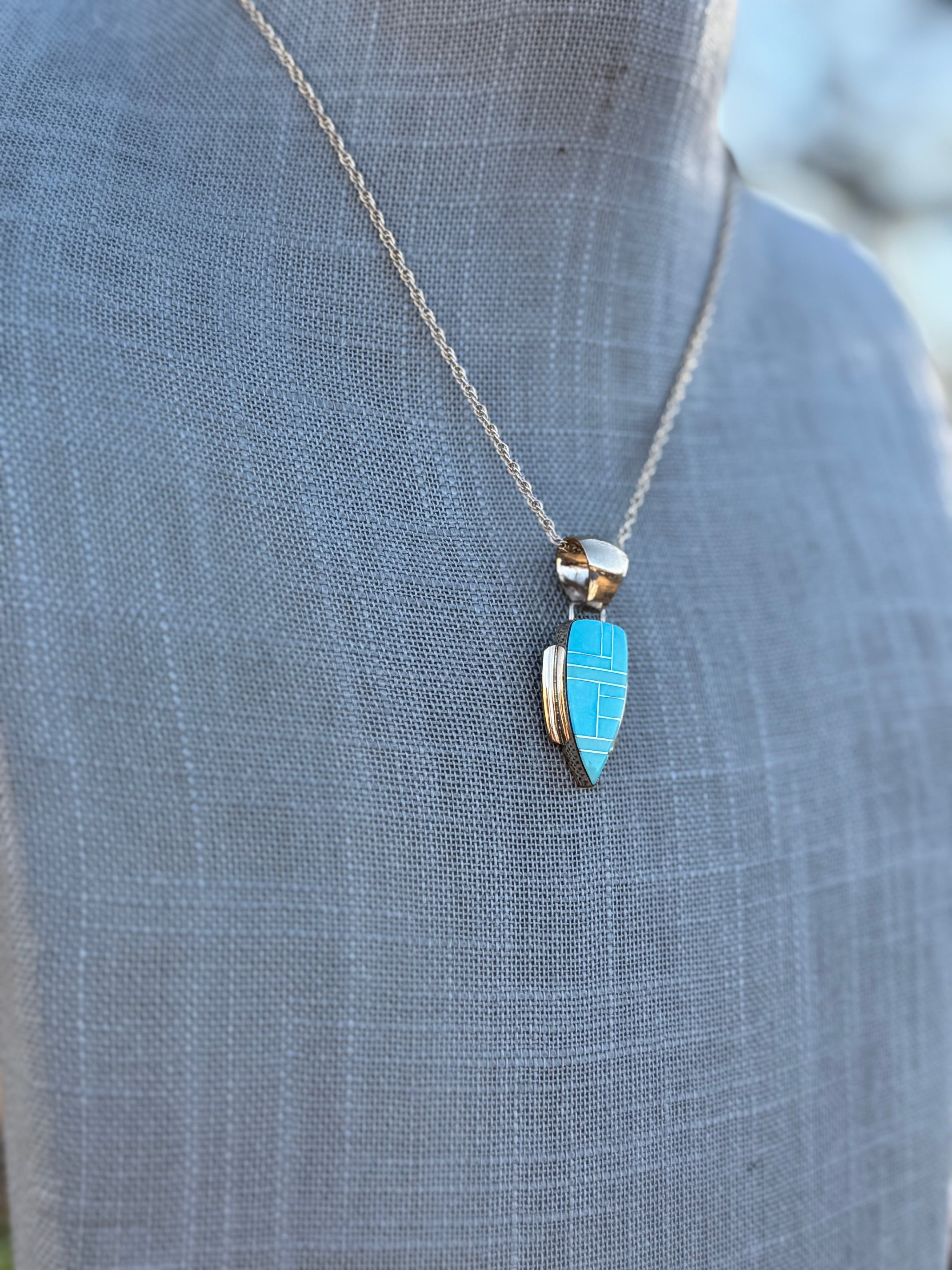 Handmade Gold Filled Over Sterling Silver & Turquoise Inlay Pendant Necklace 16"