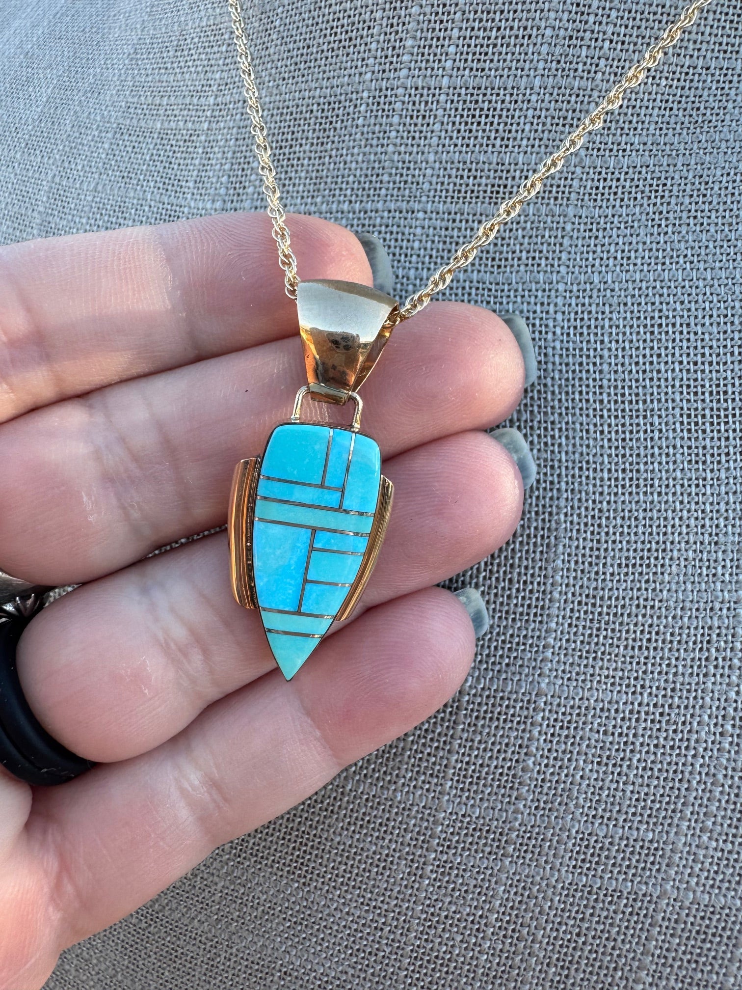 Handmade Gold Filled Over Sterling Silver & Turquoise Inlay Pendant Necklace 16"