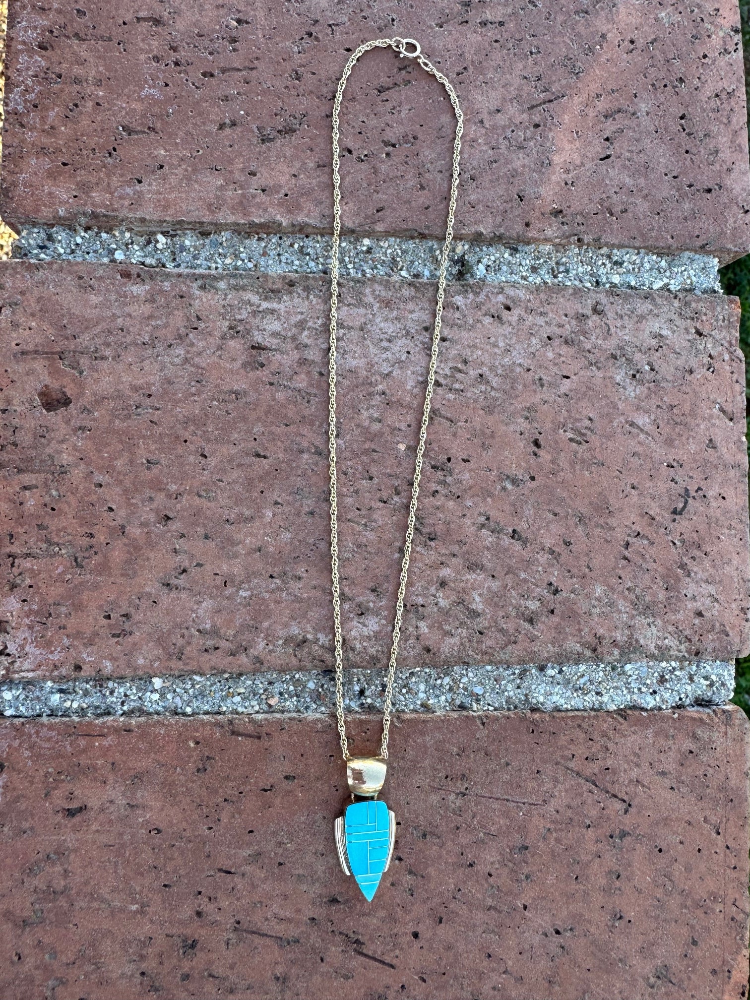 Handmade Gold Filled Over Sterling Silver & Turquoise Inlay Pendant Necklace 16"