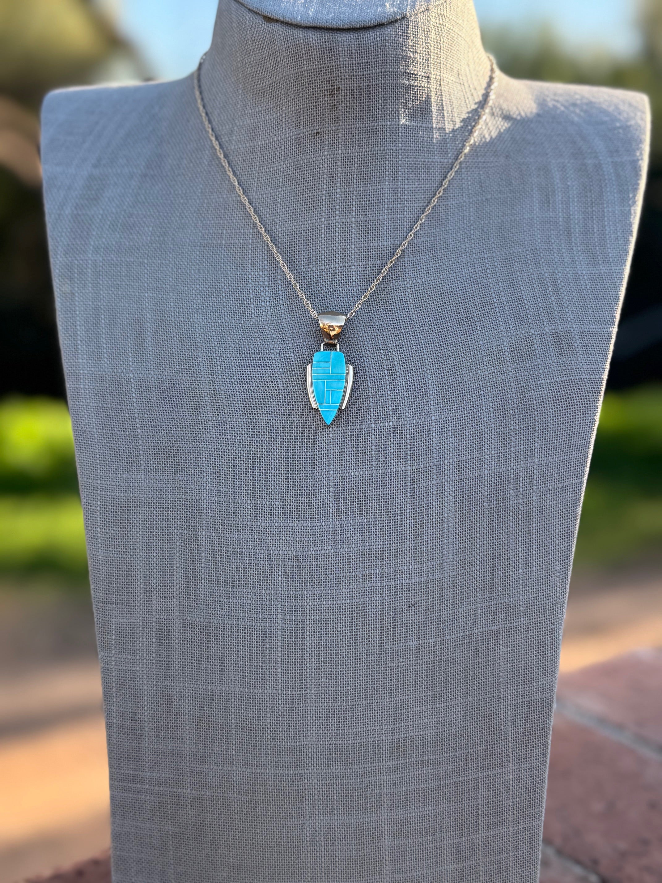 Handmade Gold Filled Over Sterling Silver & Turquoise Inlay Pendant Necklace 16"