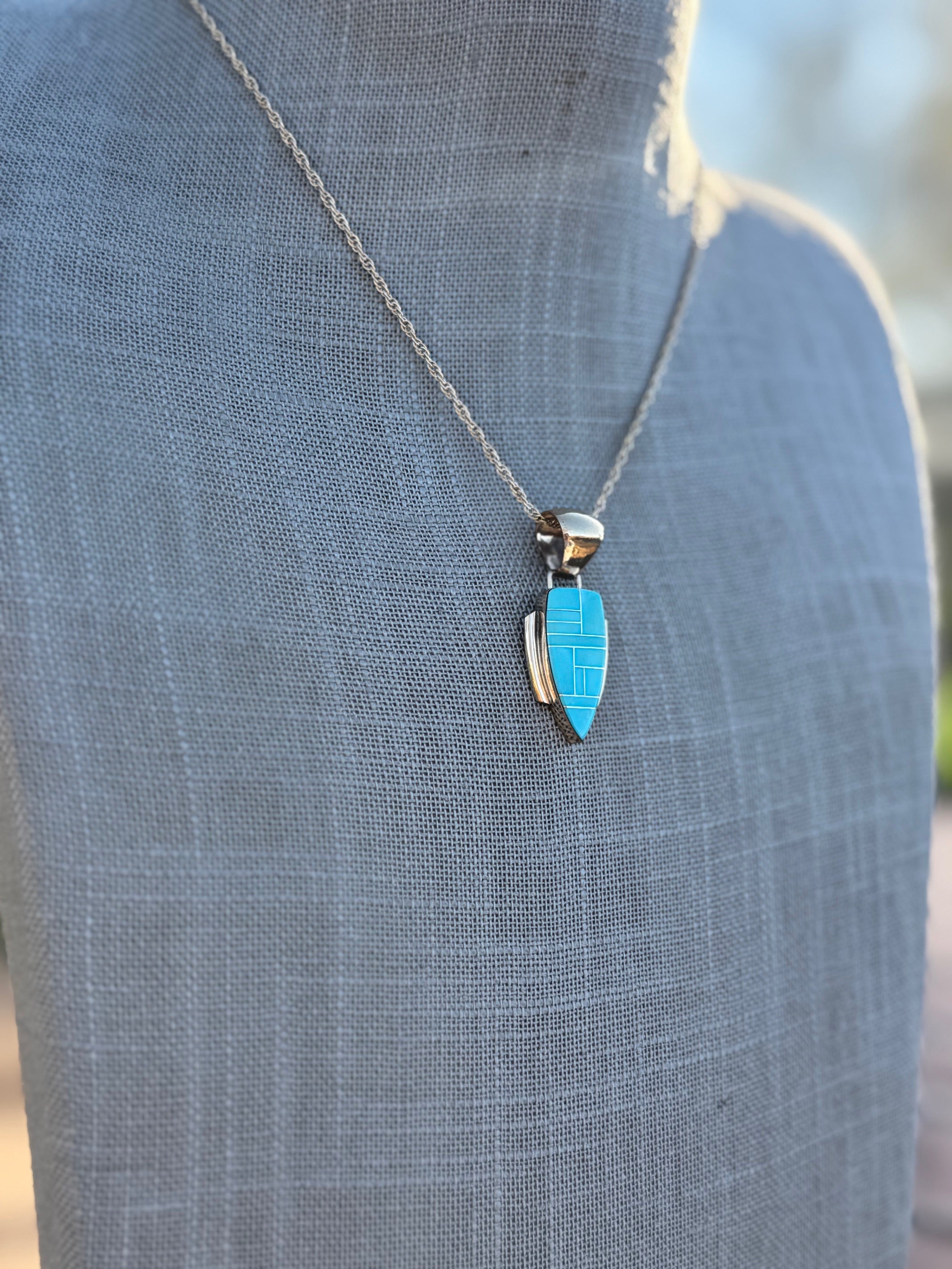 Handmade Gold Filled Over Sterling Silver & Turquoise Inlay Pendant Necklace 16"