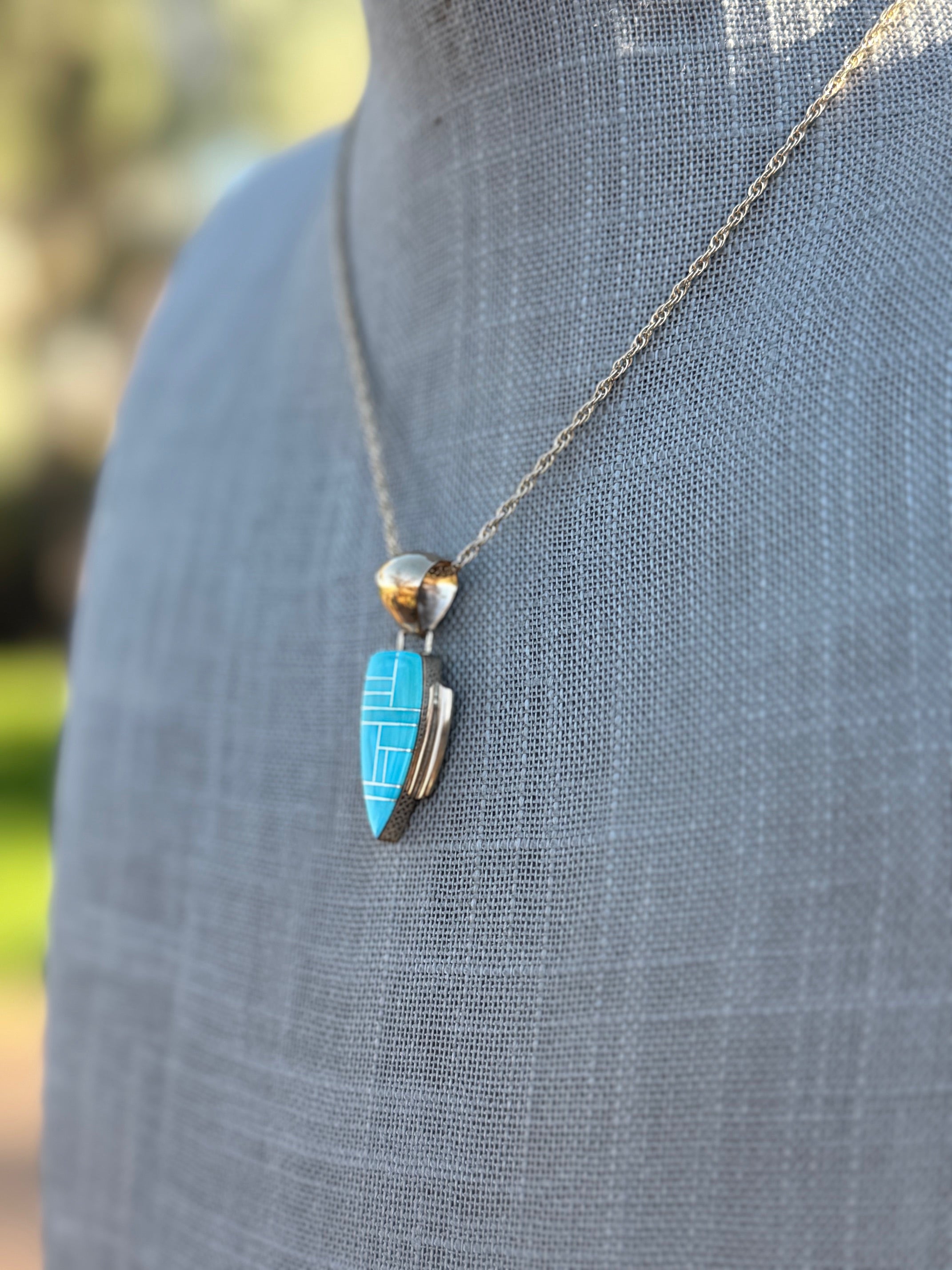 Handmade Gold Filled Over Sterling Silver & Turquoise Inlay Pendant Necklace 16"