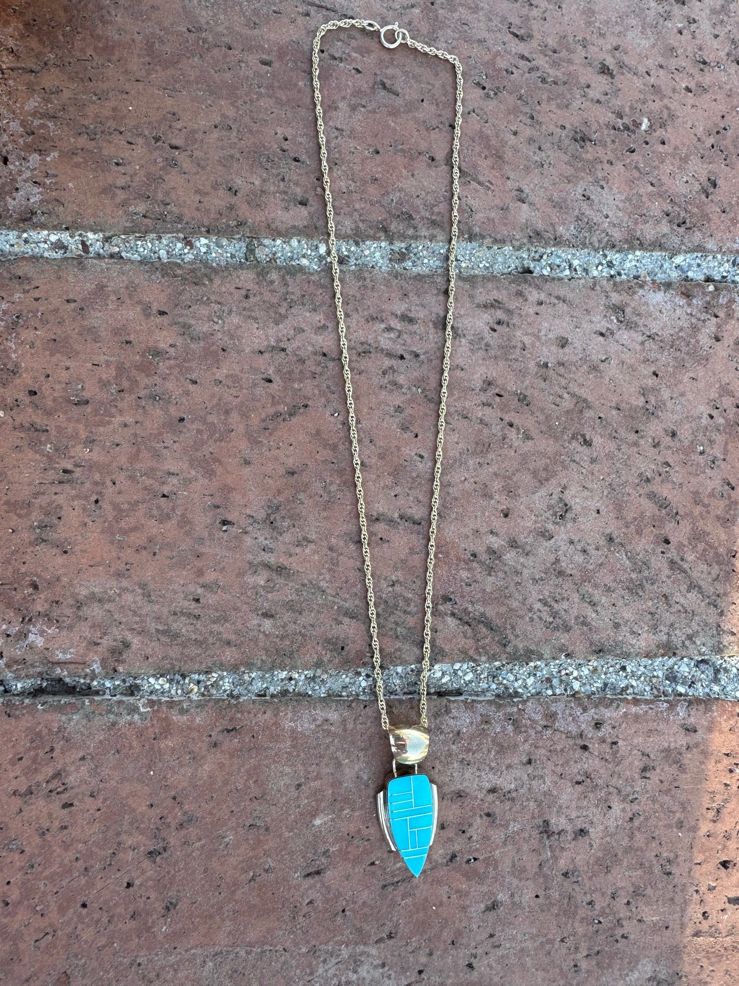 Handmade Gold Filled Over Sterling Silver & Turquoise Inlay Pendant Necklace 16"