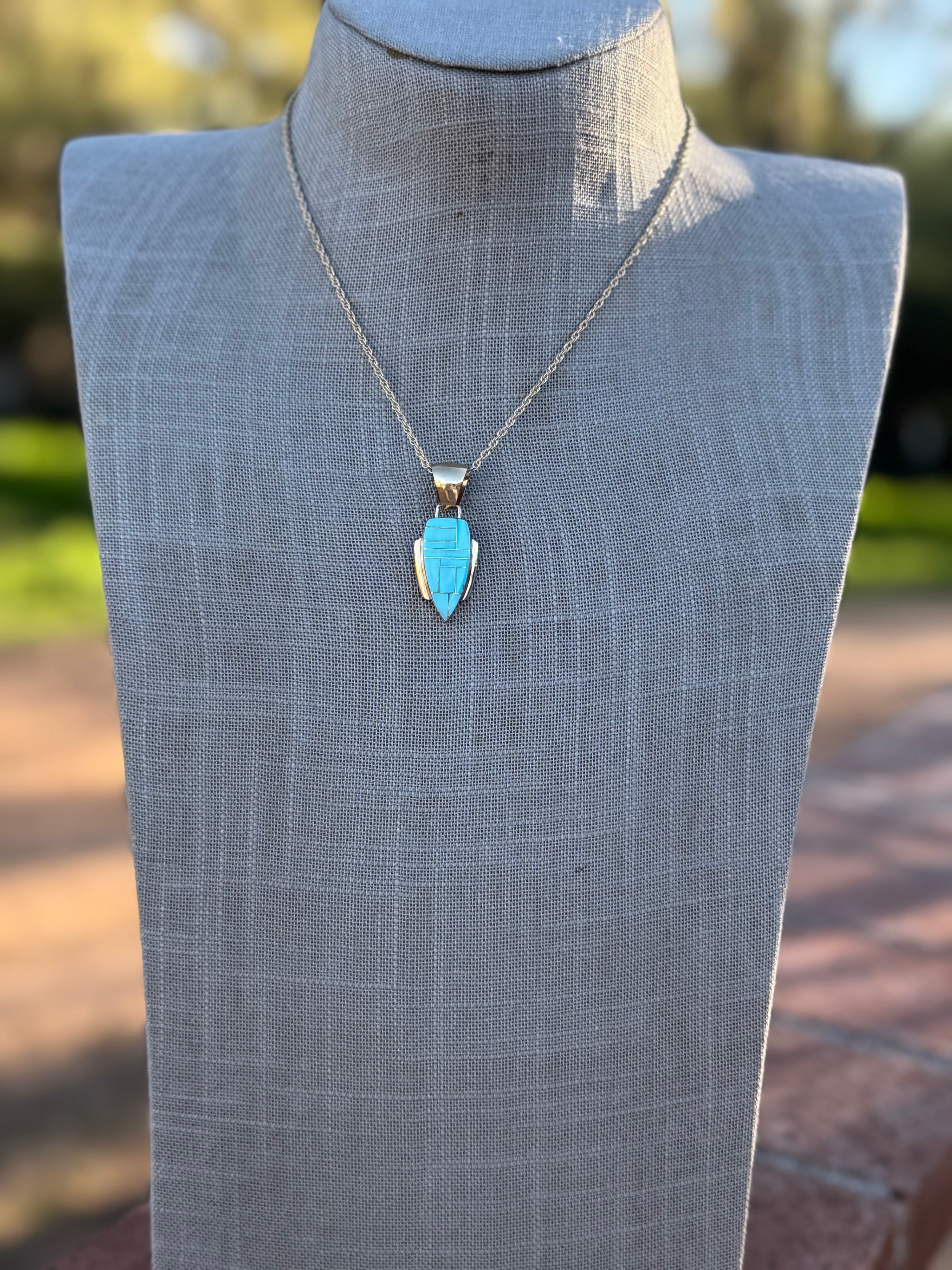 Handmade Gold Filled Over Sterling Silver & Turquoise Inlay Pendant Necklace 16"