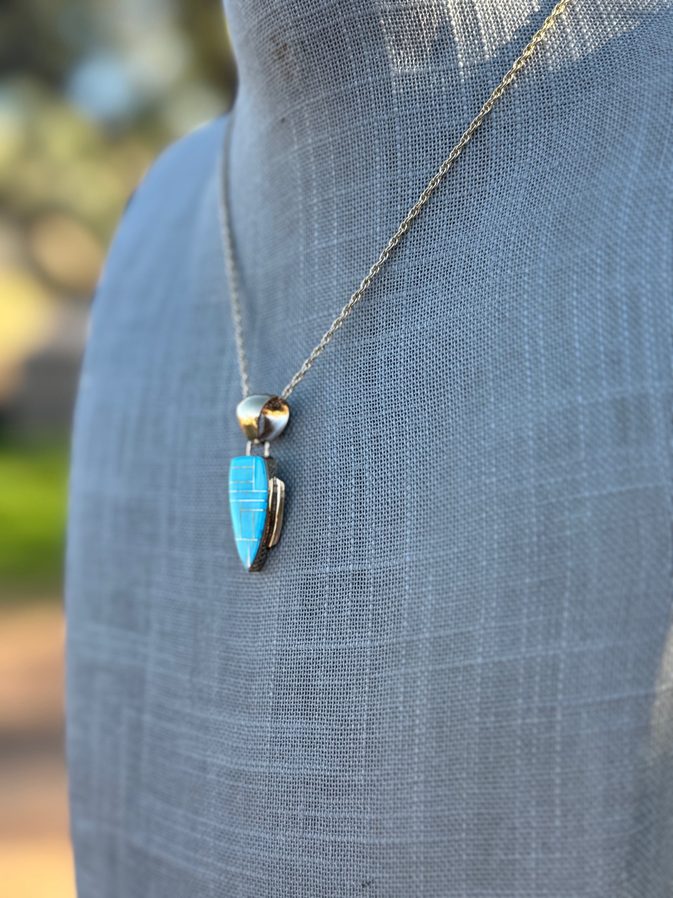 Handmade Gold Filled Over Sterling Silver & Turquoise Inlay Pendant Necklace 16"