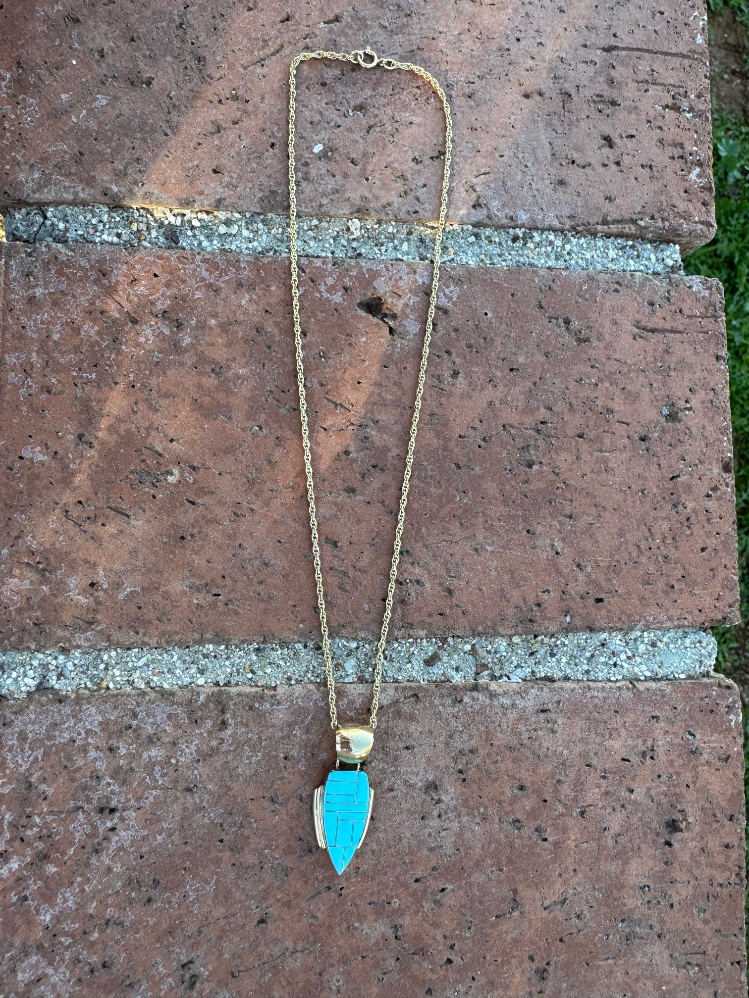 Handmade Gold Filled Over Sterling Silver & Turquoise Inlay Pendant Necklace 16"