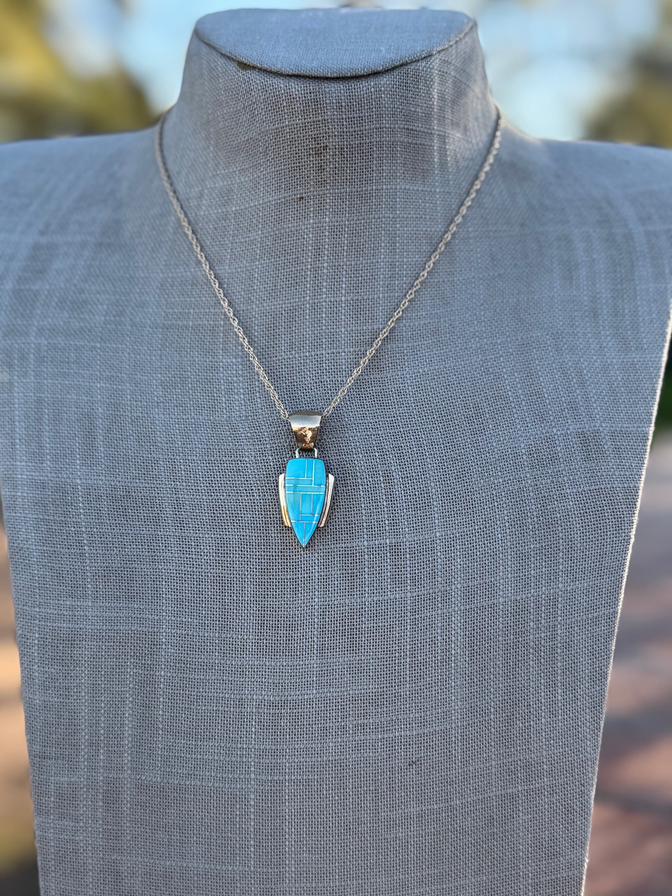 Handmade Gold Filled Over Sterling Silver & Turquoise Inlay Pendant Necklace 16"