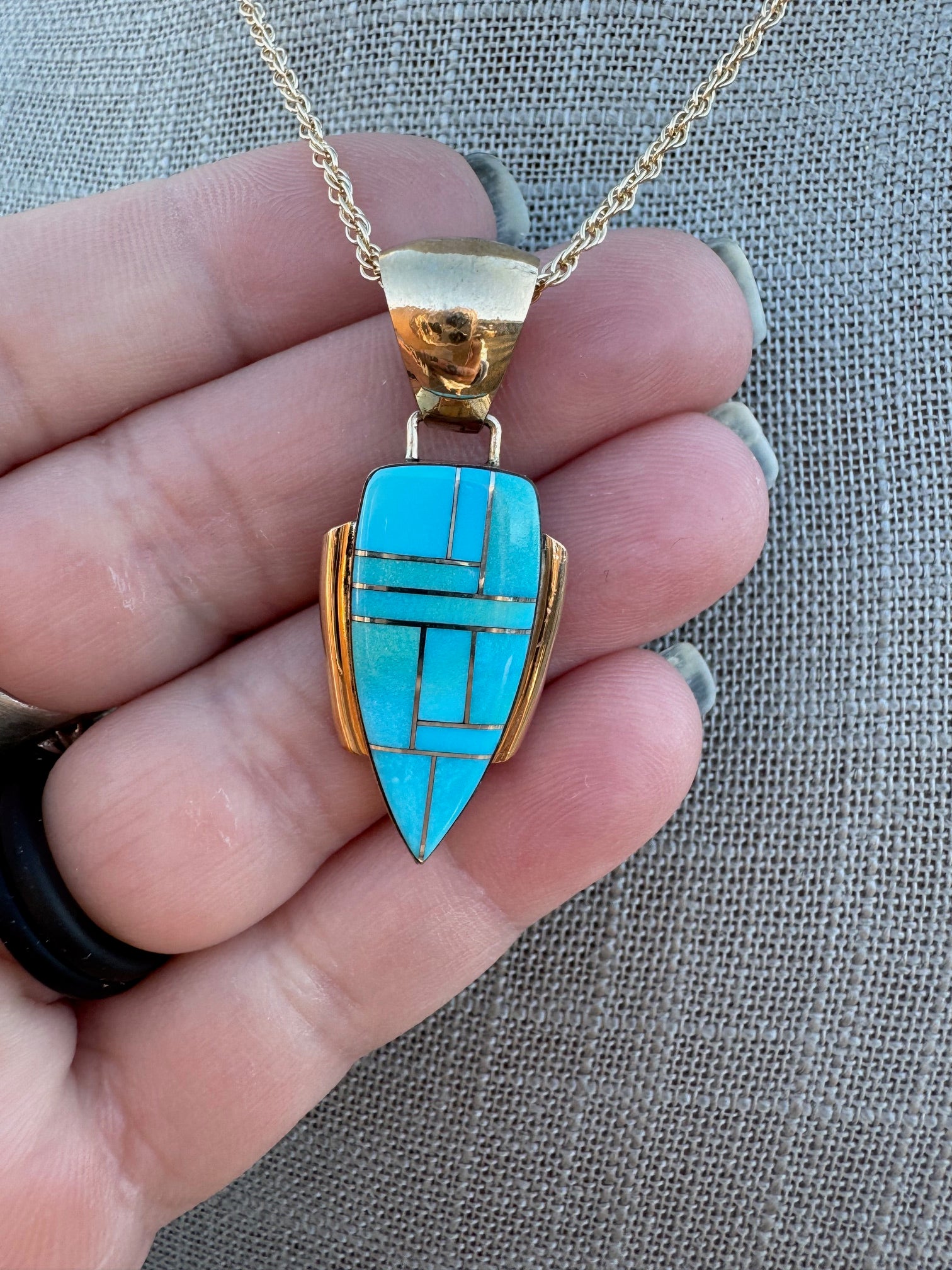 Handmade Gold Filled Over Sterling Silver & Turquoise Inlay Pendant Necklace 16"