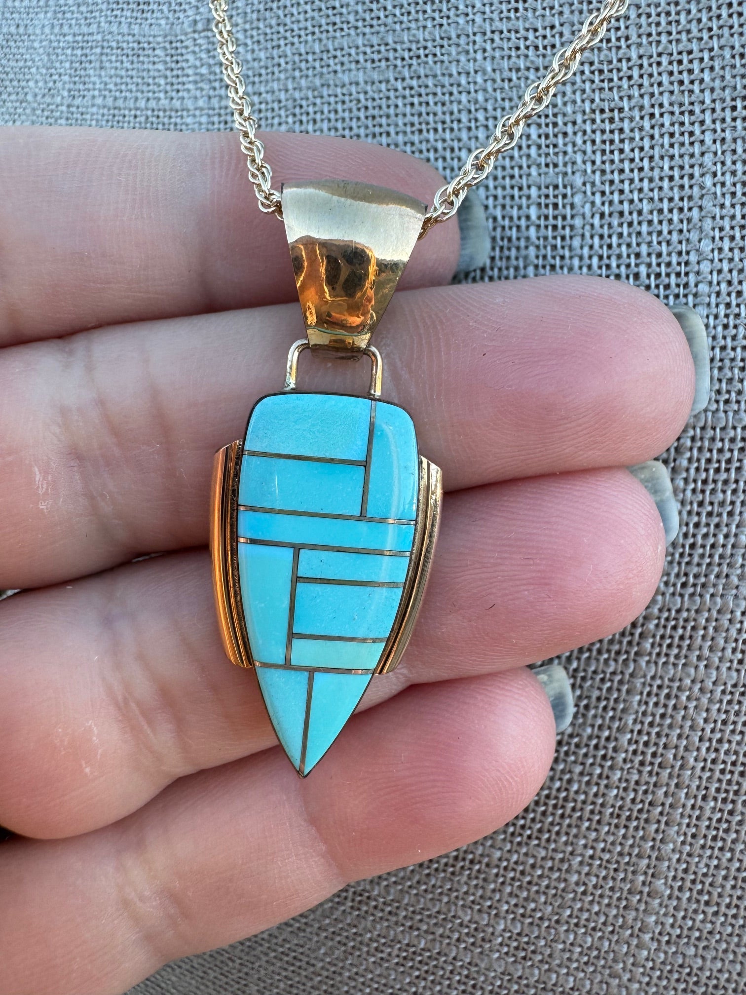 Handmade Gold Filled Over Sterling Silver & Turquoise Inlay Pendant Necklace 18"