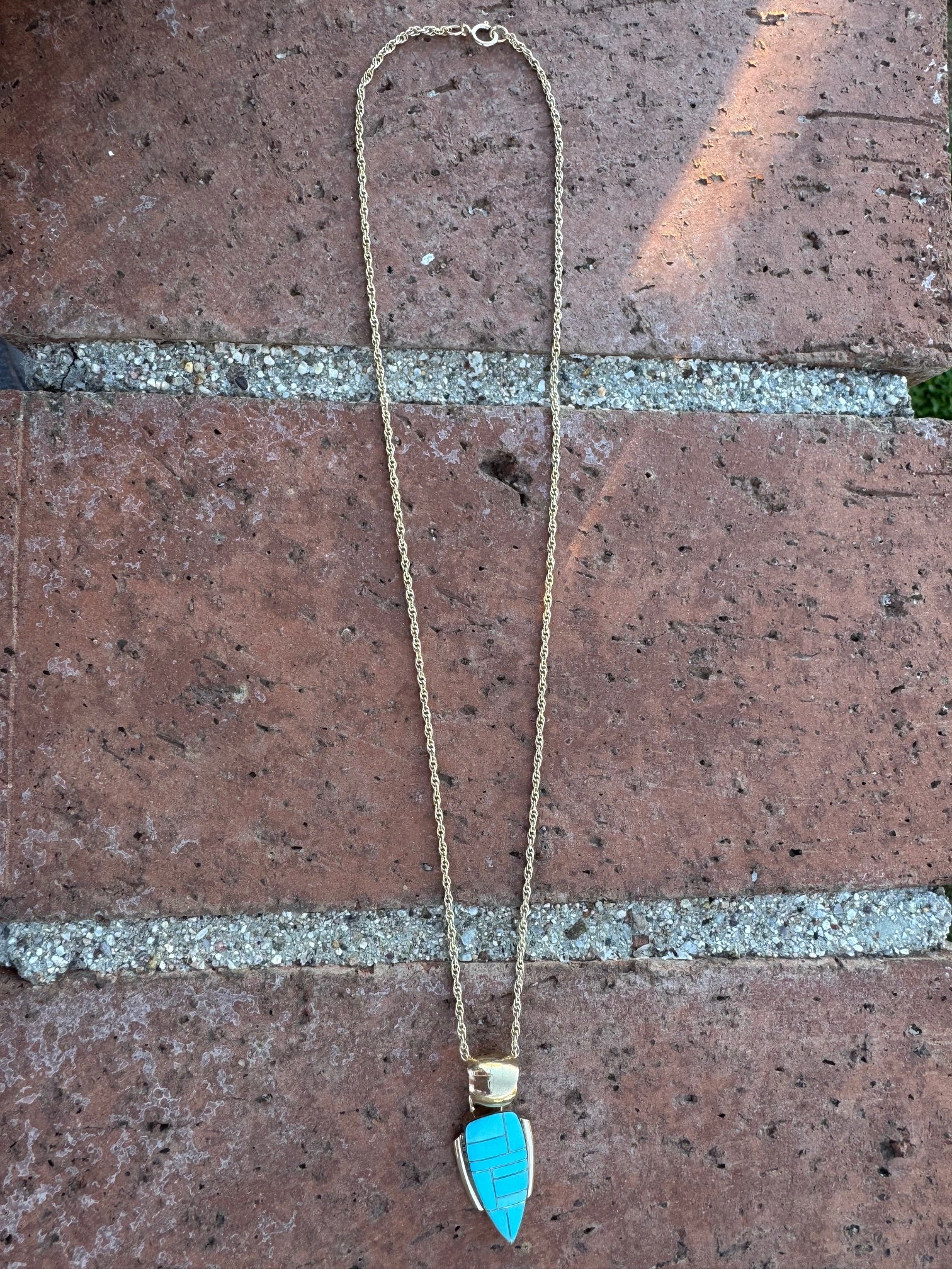 Handmade Gold Filled Over Sterling Silver & Turquoise Inlay Pendant Necklace 18"
