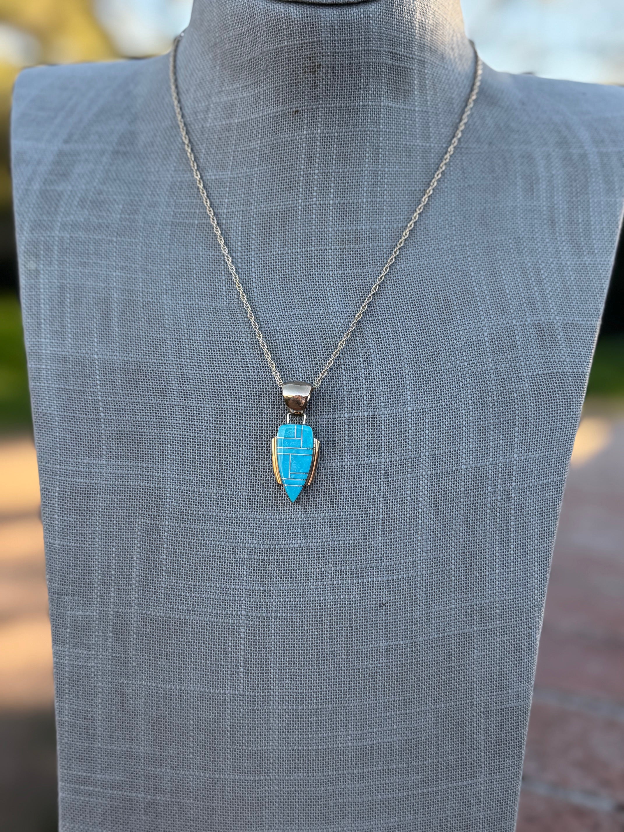 Handmade Gold Filled Over Sterling Silver & Turquoise Inlay Pendant Necklace 18"