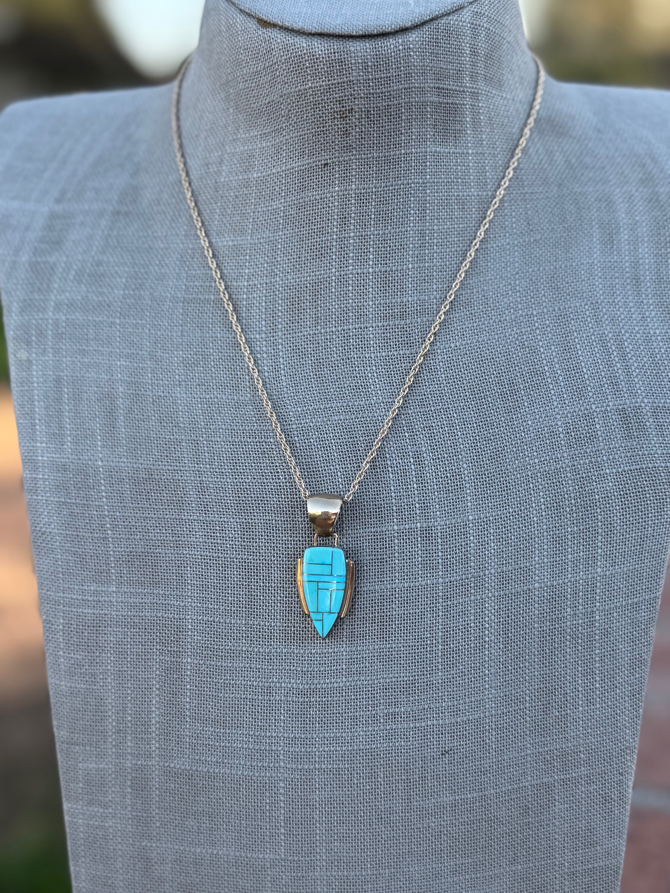 Handmade Gold Filled Over Sterling Silver & Turquoise Inlay Pendant Necklace 18"