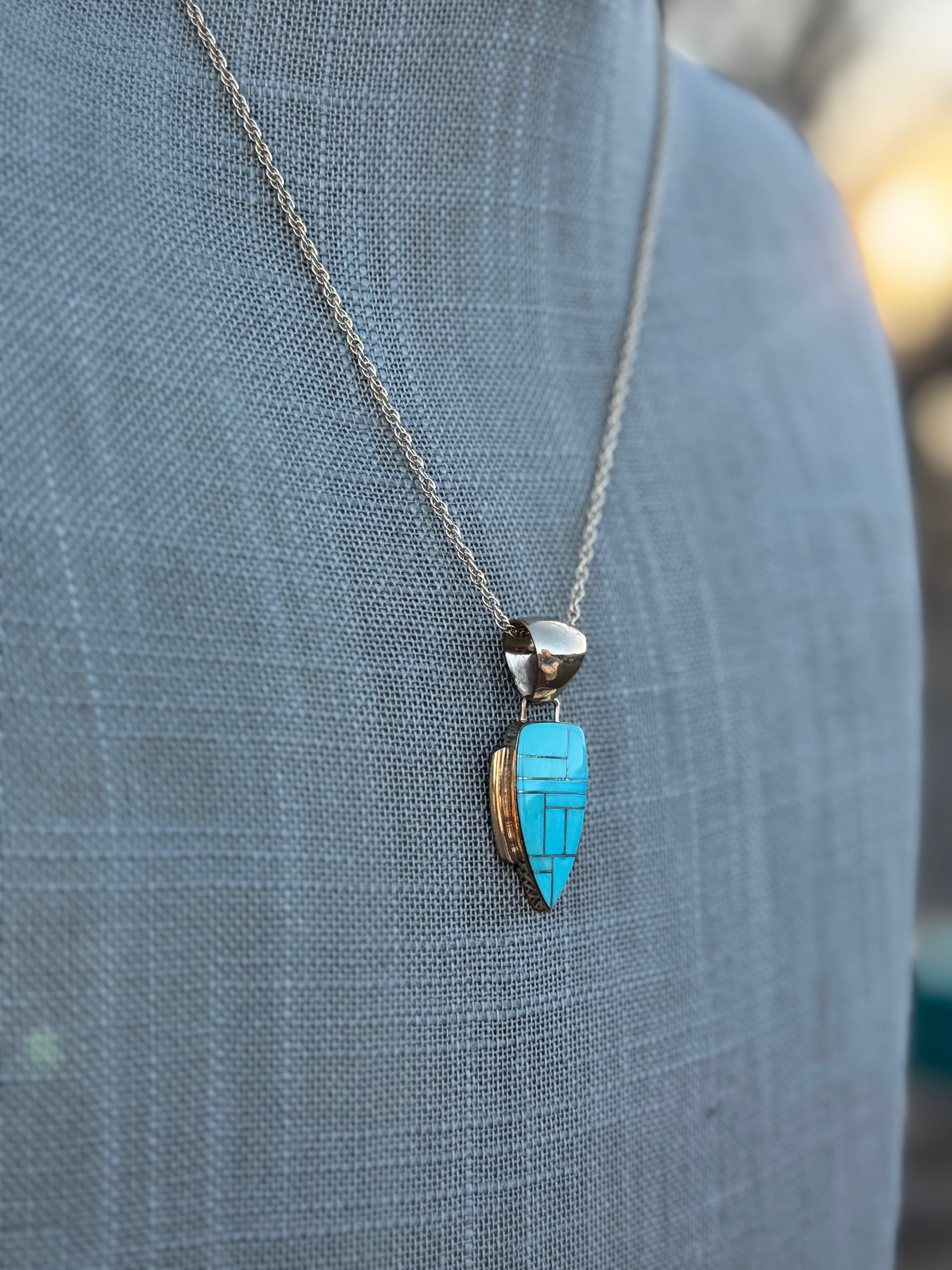 Handmade Gold Filled Over Sterling Silver & Turquoise Inlay Pendant Necklace 18"