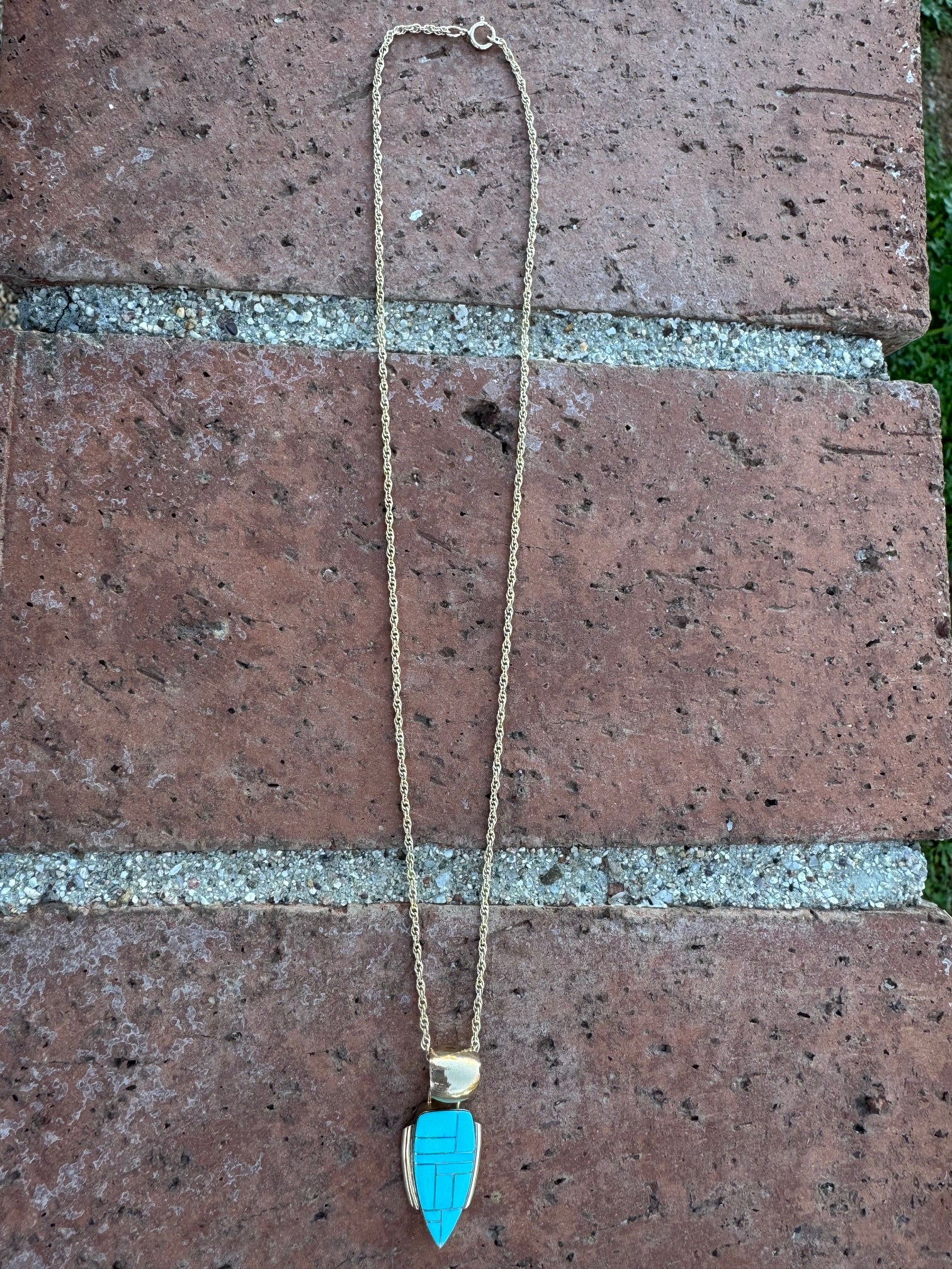 Handmade Gold Filled Over Sterling Silver & Turquoise Inlay Pendant Necklace 18"