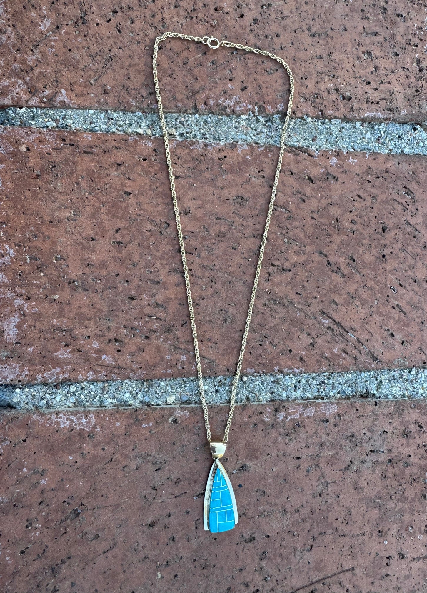Handmade Gold Filled Over Sterling Silver & Turquoise Inlay Pendant Necklace 16"