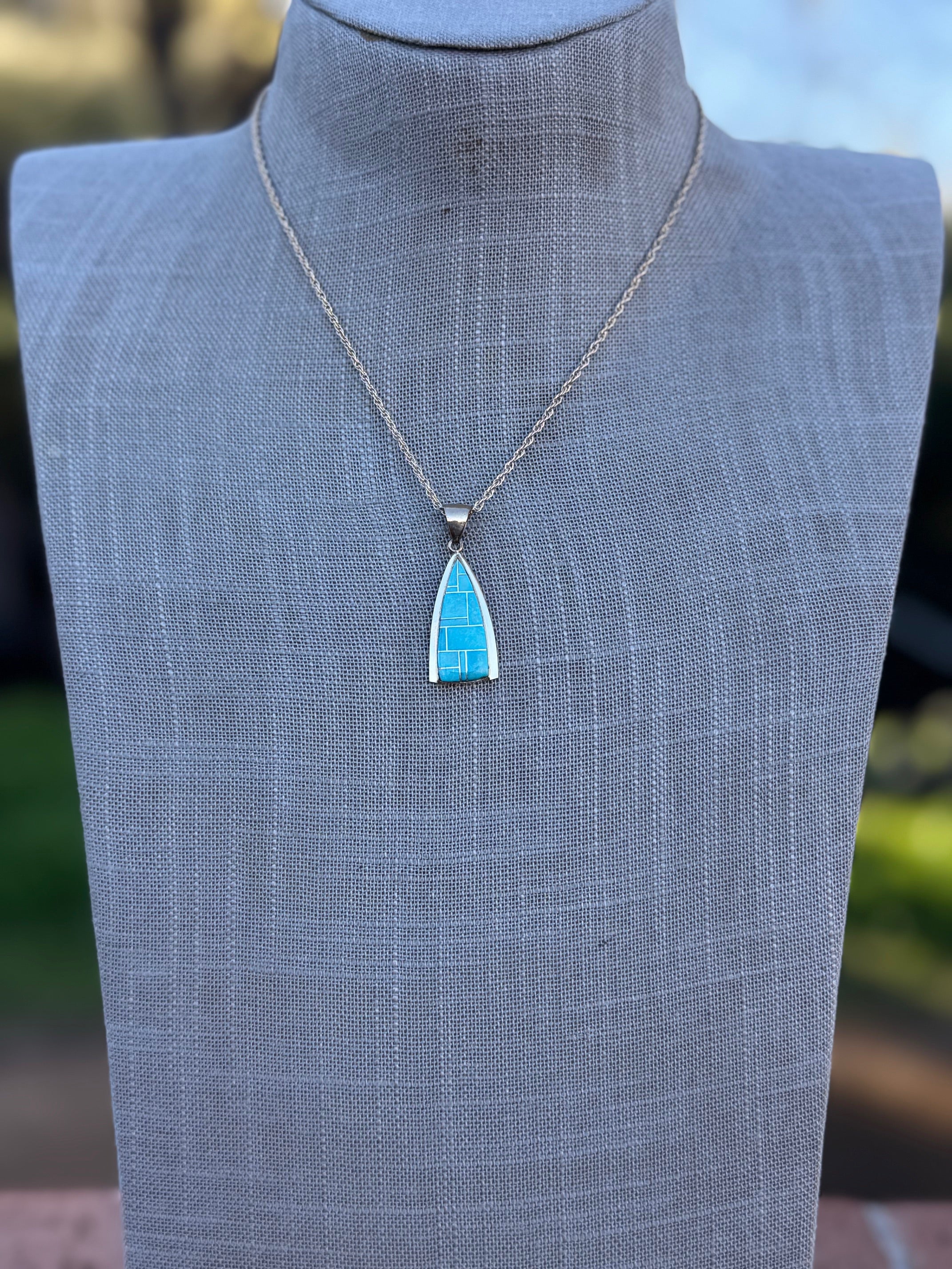 Handmade Gold Filled Over Sterling Silver & Turquoise Inlay Pendant Necklace 16"