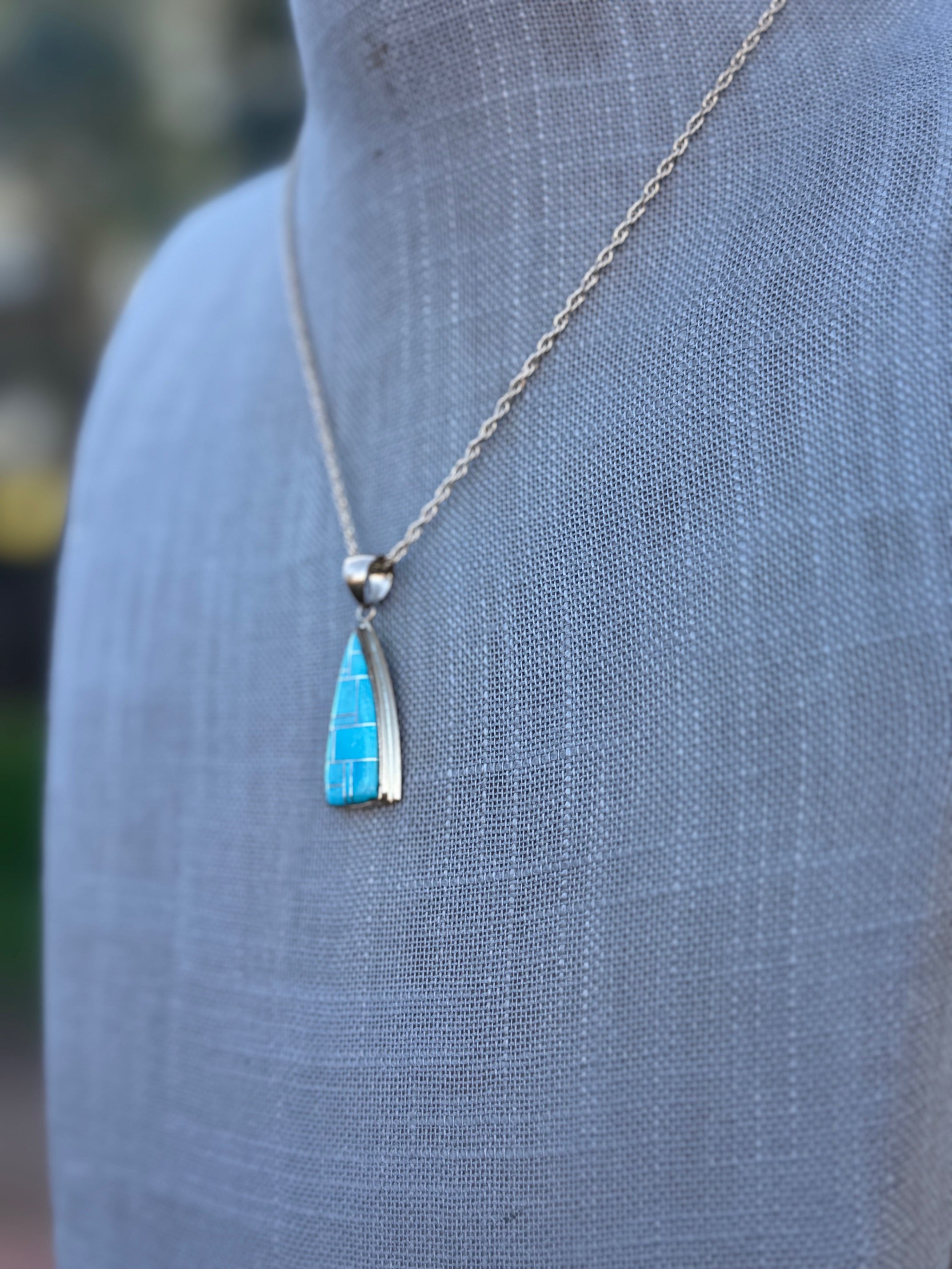 Handmade Gold Filled Over Sterling Silver & Turquoise Inlay Pendant Necklace 16"