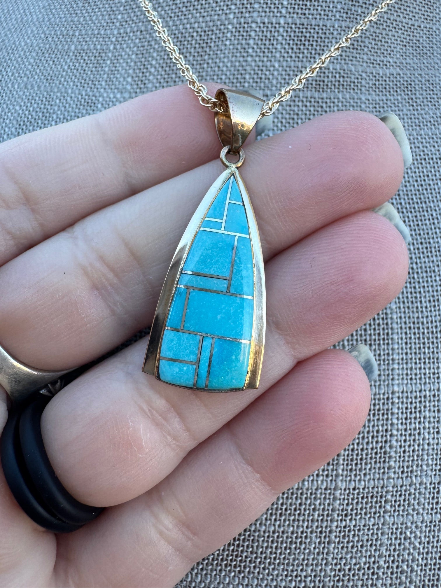 Handmade Gold Filled Over Sterling Silver & Turquoise Inlay Pendant Necklace 16"