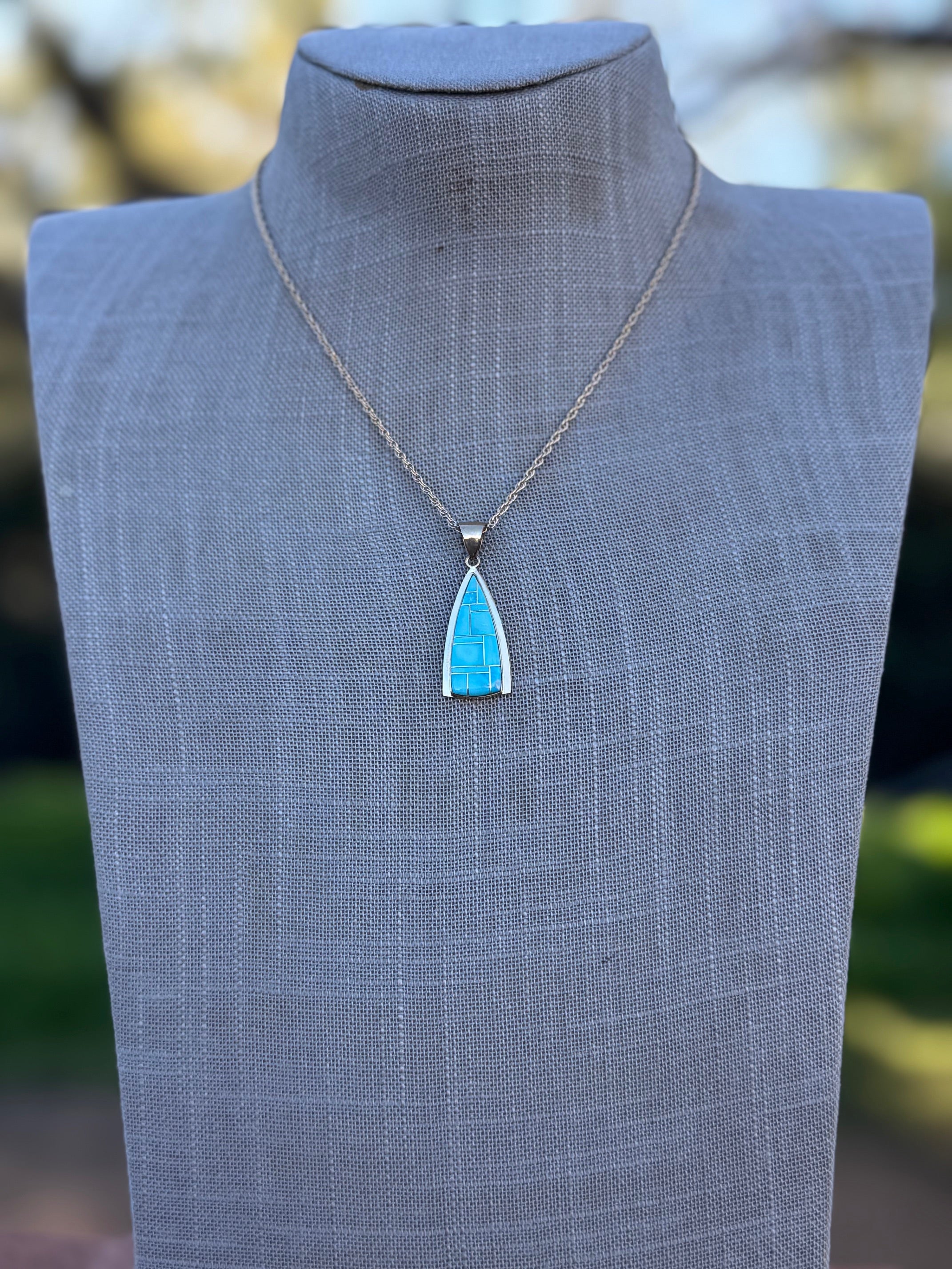 Handmade Gold Filled Over Sterling Silver & Turquoise Inlay Pendant Necklace 16"