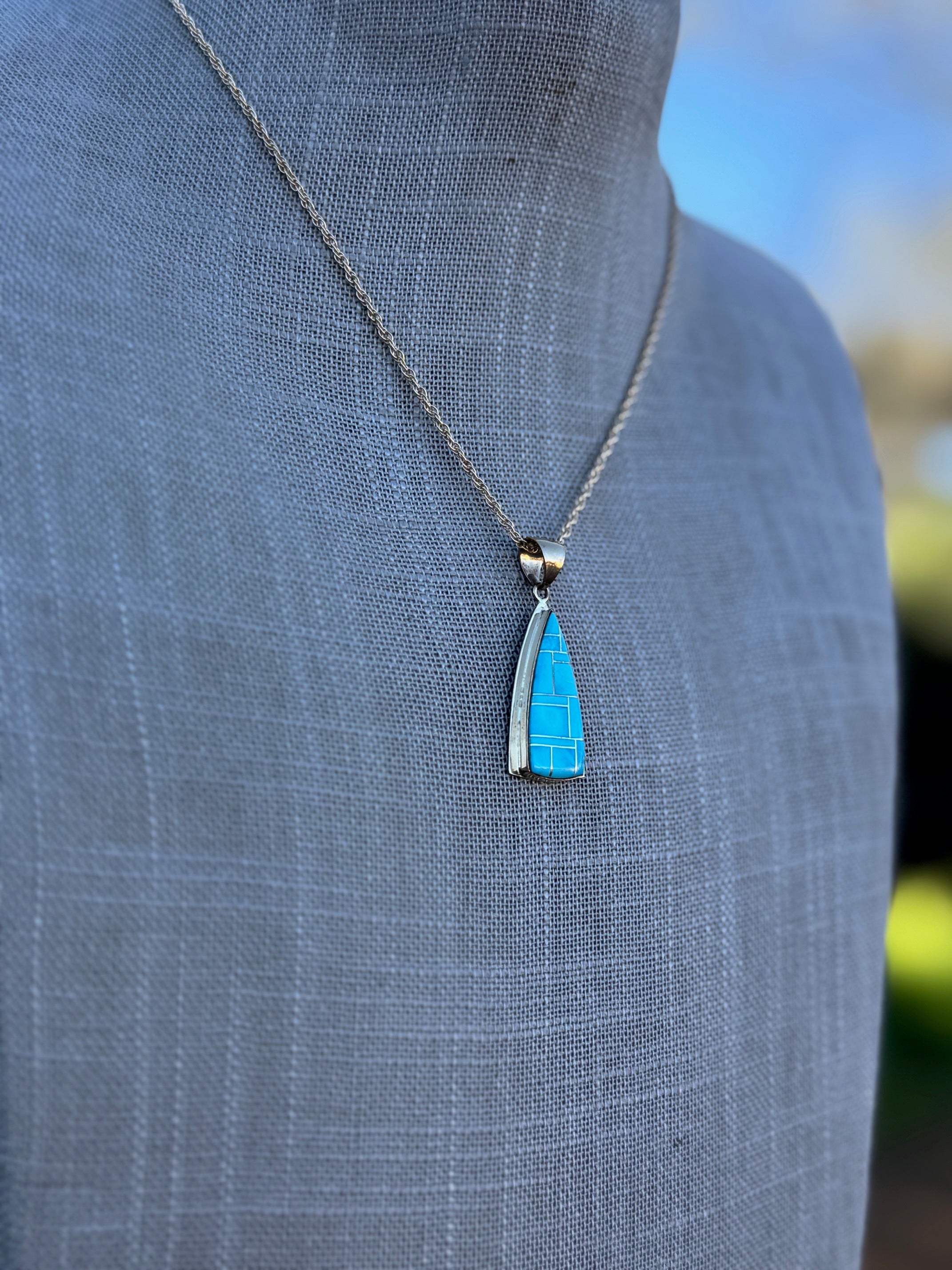 Handmade Gold Filled Over Sterling Silver & Turquoise Inlay Pendant Necklace 16"