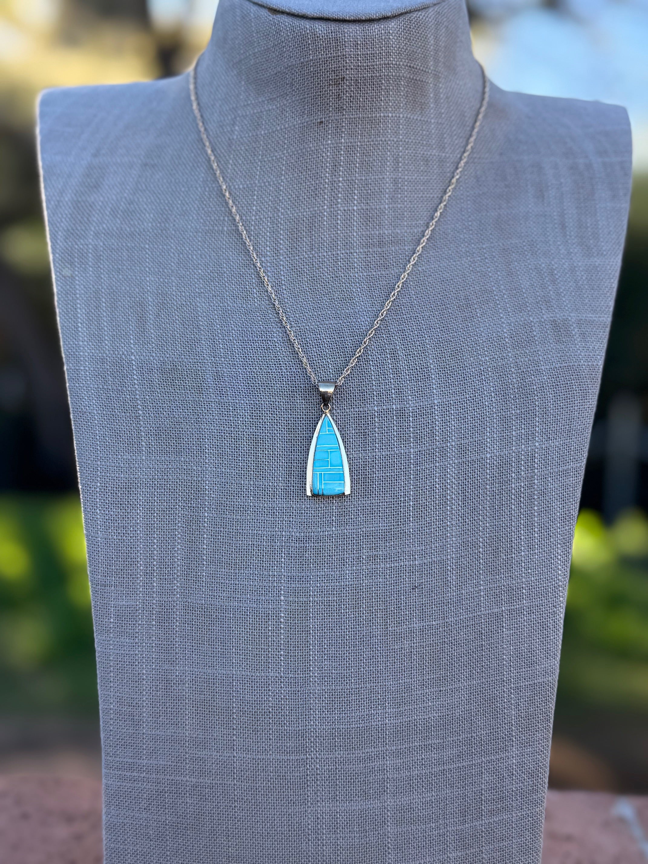 Handmade Gold Filled Over Sterling Silver & Turquoise Inlay Pendant Necklace 18"