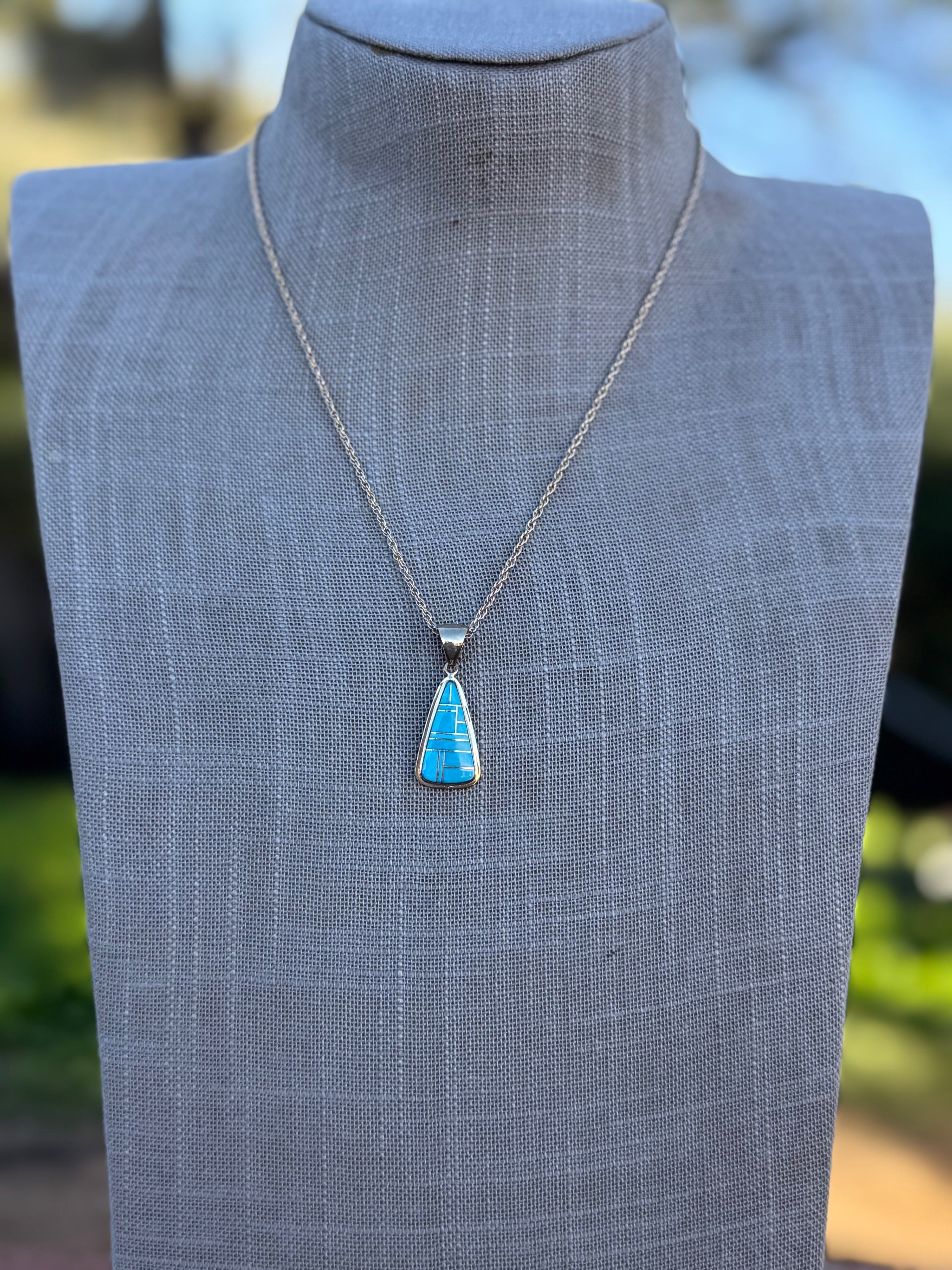 Handmade Gold Filled Over Sterling Silver & Turquoise Inlay Pendant Necklace 18"