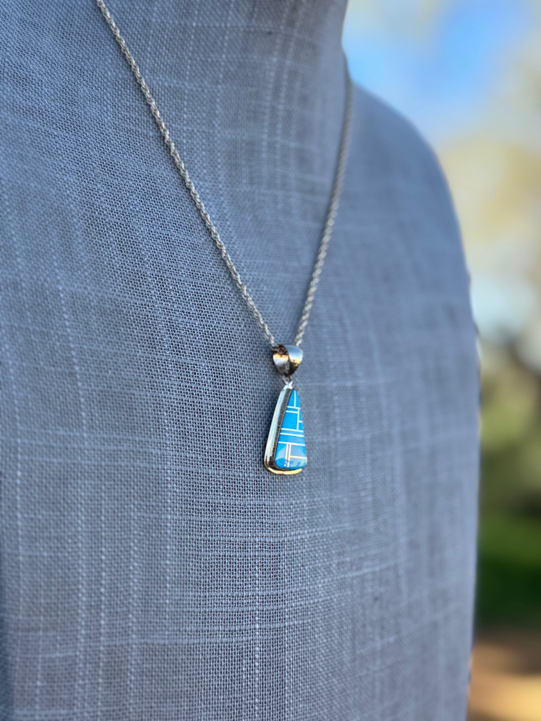 Handmade Gold Filled Over Sterling Silver & Turquoise Inlay Pendant Necklace 18"