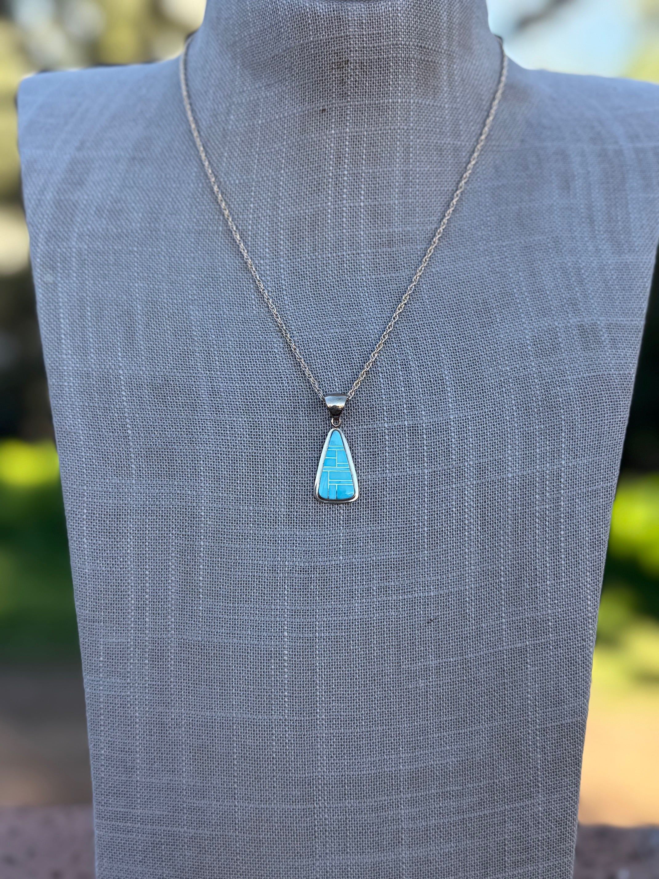 Handmade Gold Filled Over Sterling Silver & Turquoise Inlay Pendant Necklace 18"