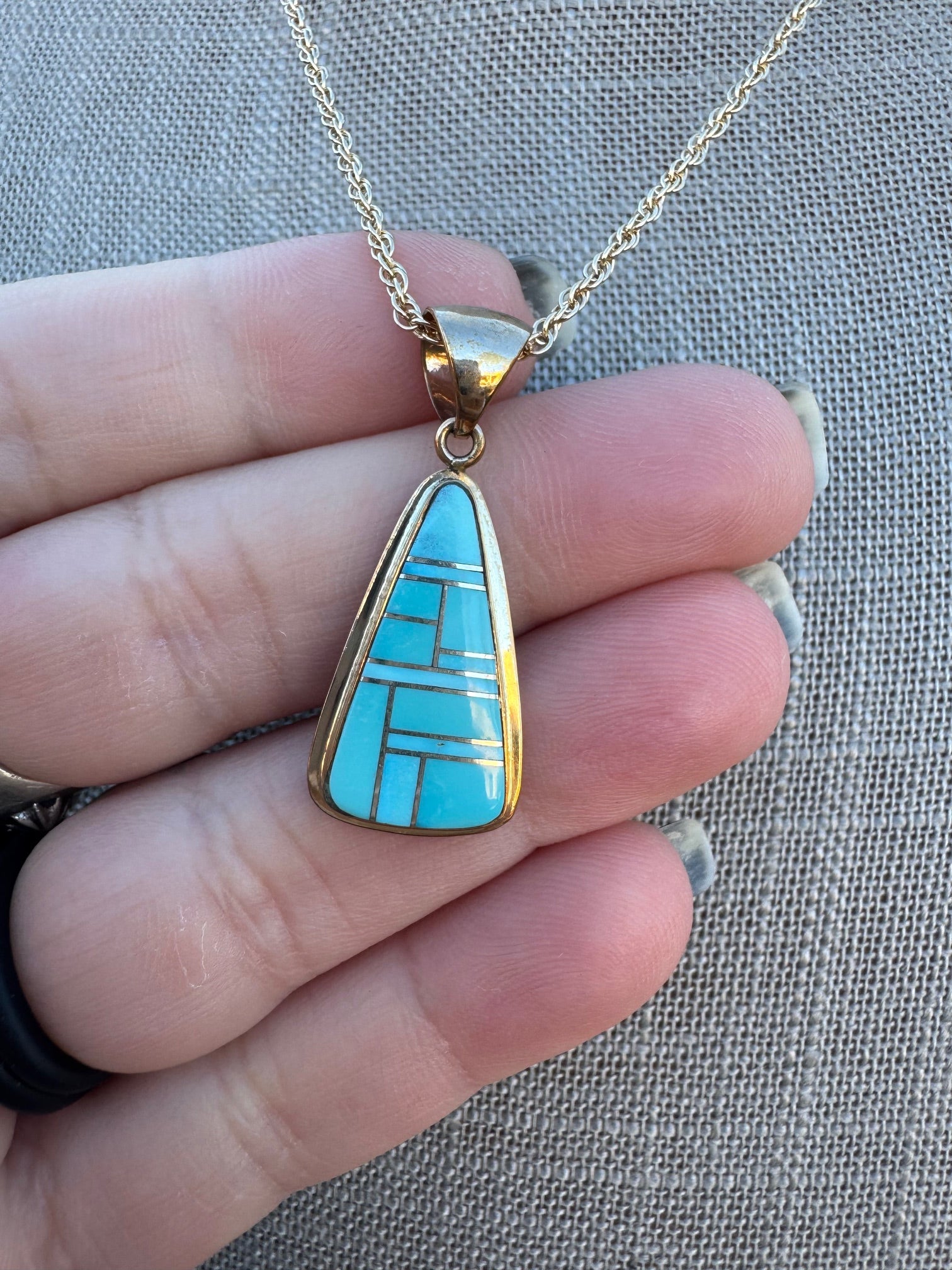Handmade Gold Filled Over Sterling Silver & Turquoise Inlay Pendant Necklace 18"