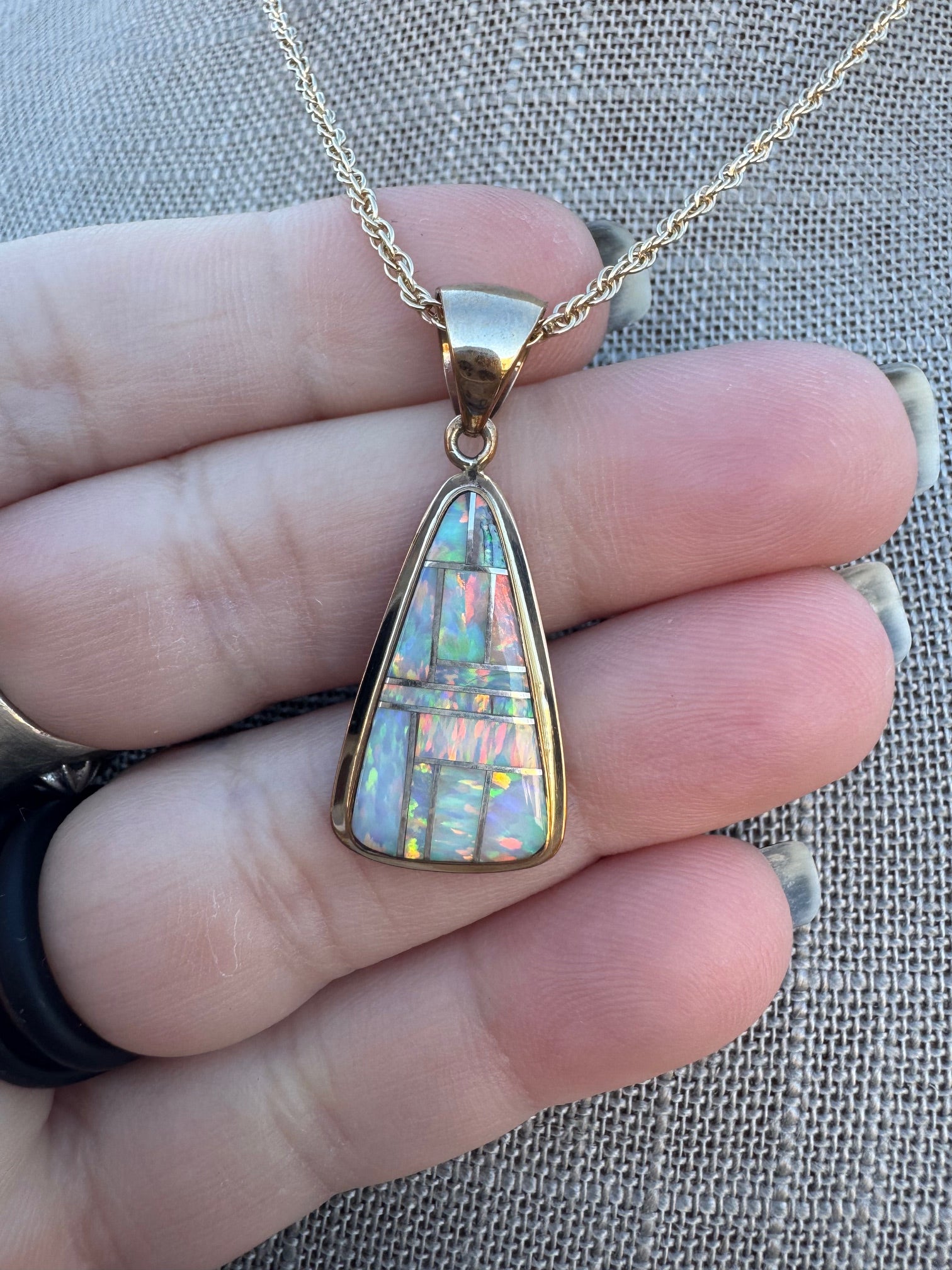 Handmade Gold Filled Over Sterling Silver & Opal Inlay Pendant Necklace 16"