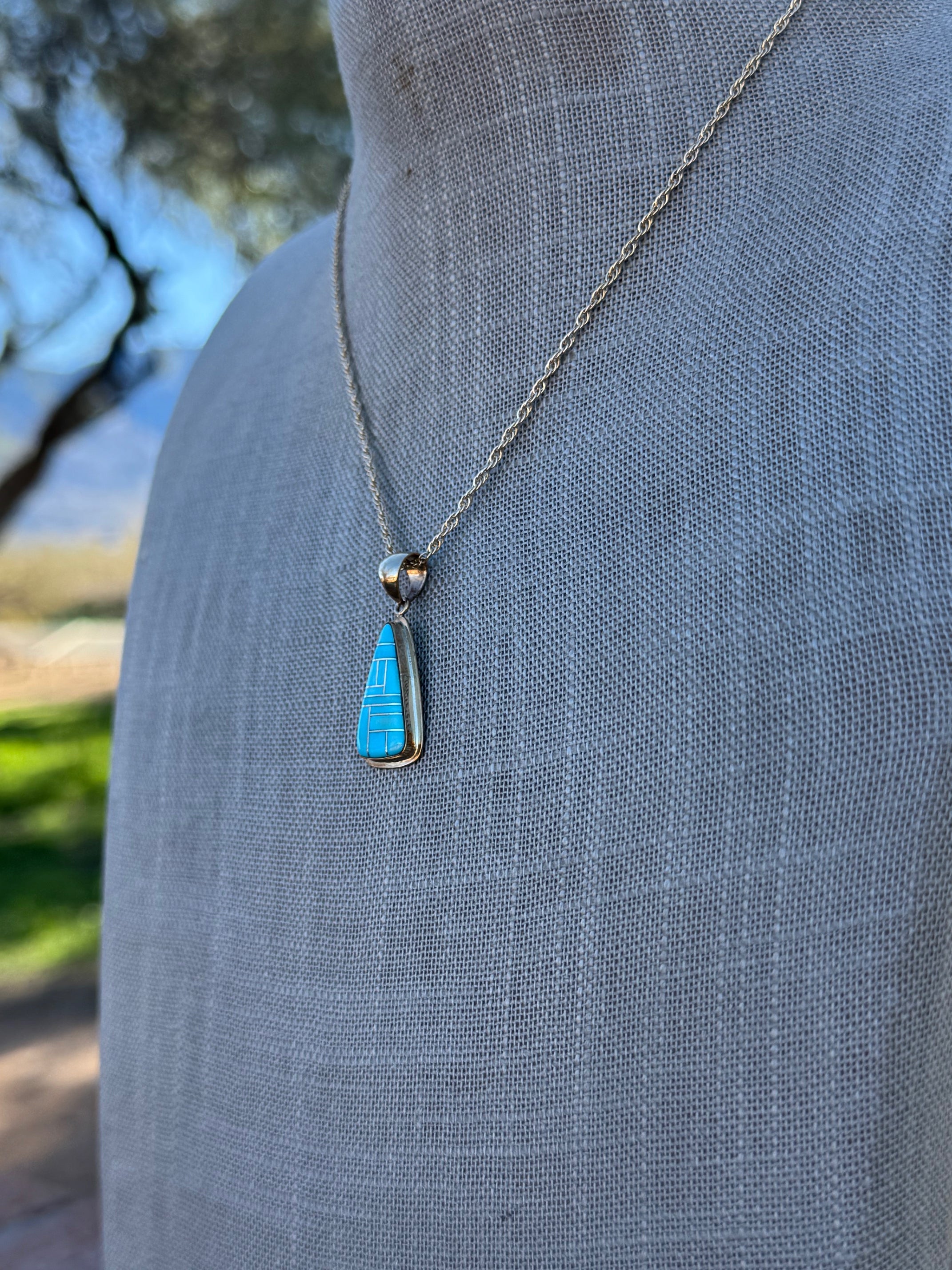 Handmade Gold Filled Over Sterling Silver & Turquoise Inlay Pendant Necklace 16"