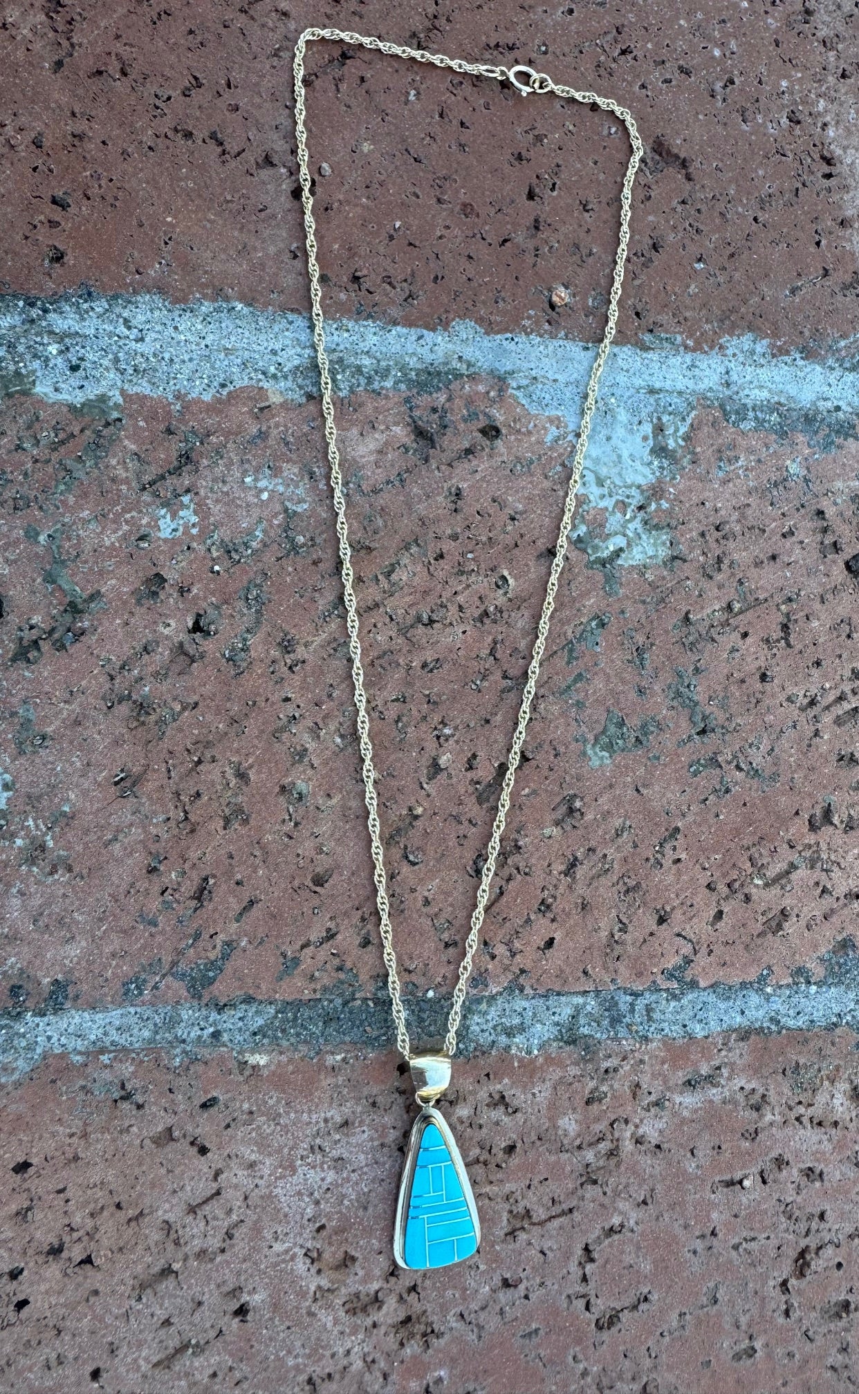 Handmade Gold Filled Over Sterling Silver & Turquoise Inlay Pendant Necklace 16"