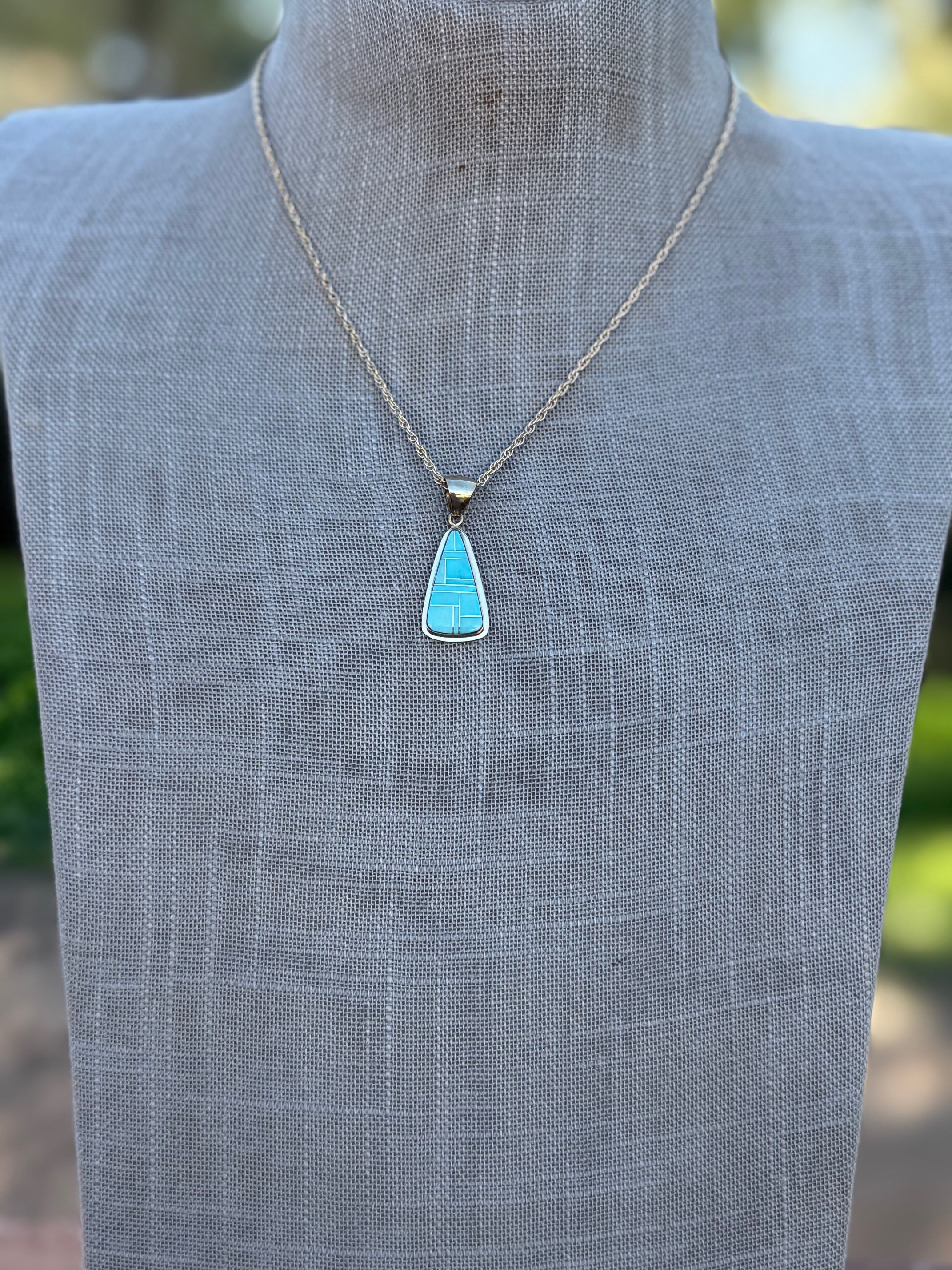 Handmade Gold Filled Over Sterling Silver & Turquoise Inlay Pendant Necklace 16"