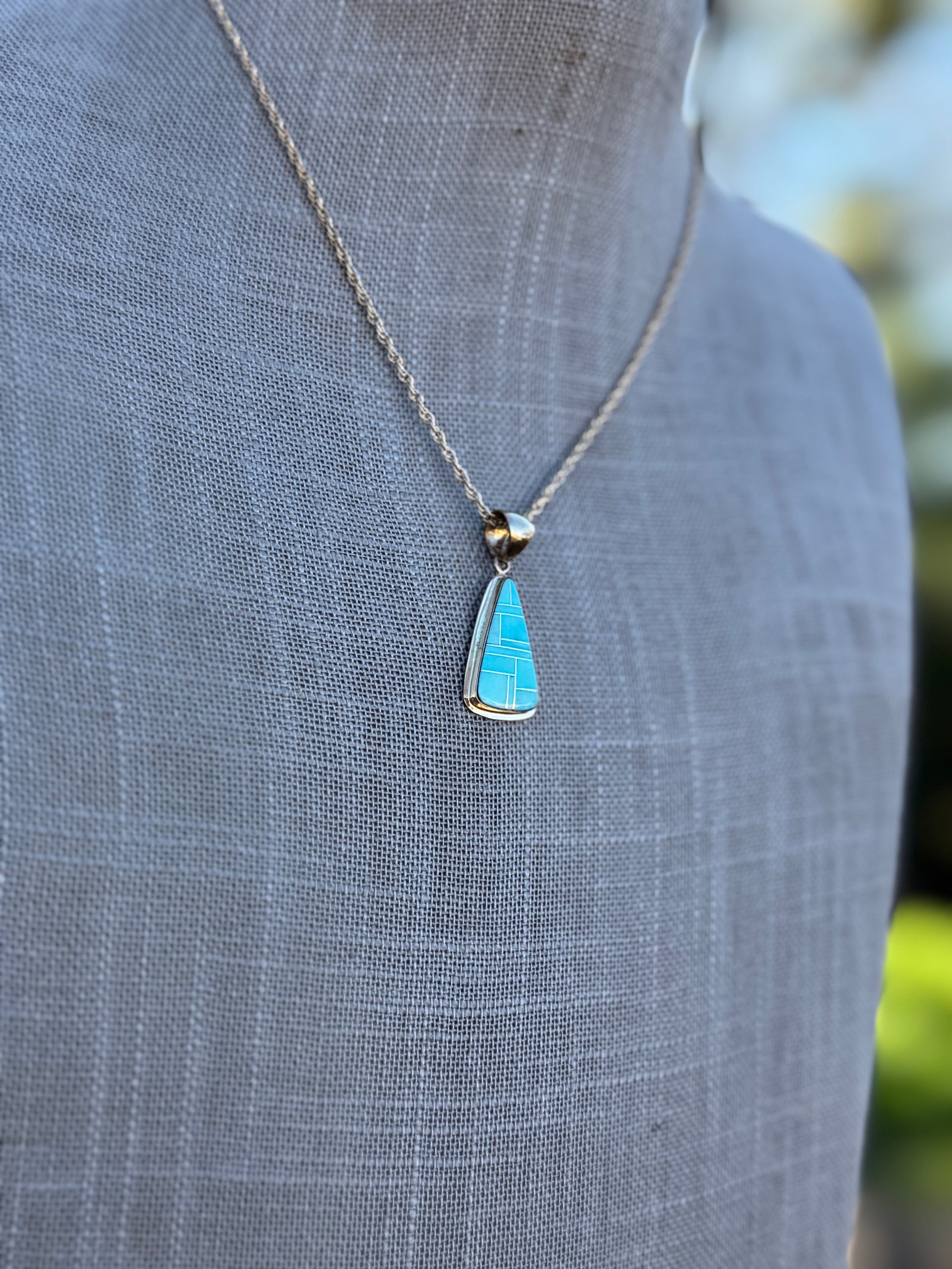 Handmade Gold Filled Over Sterling Silver & Turquoise Inlay Pendant Necklace 16"