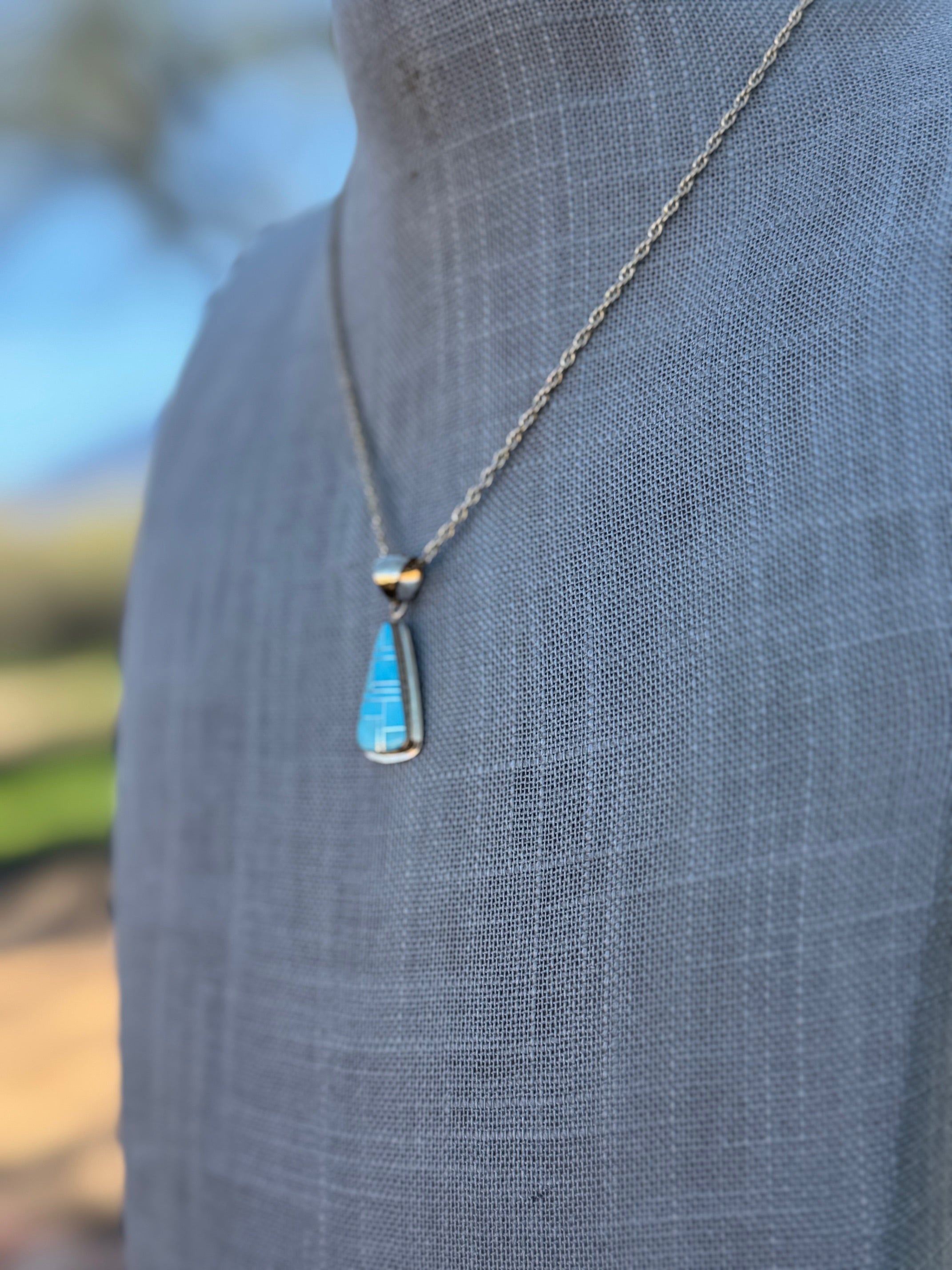 Handmade Gold Filled Over Sterling Silver & Turquoise Inlay Pendant Necklace 16"