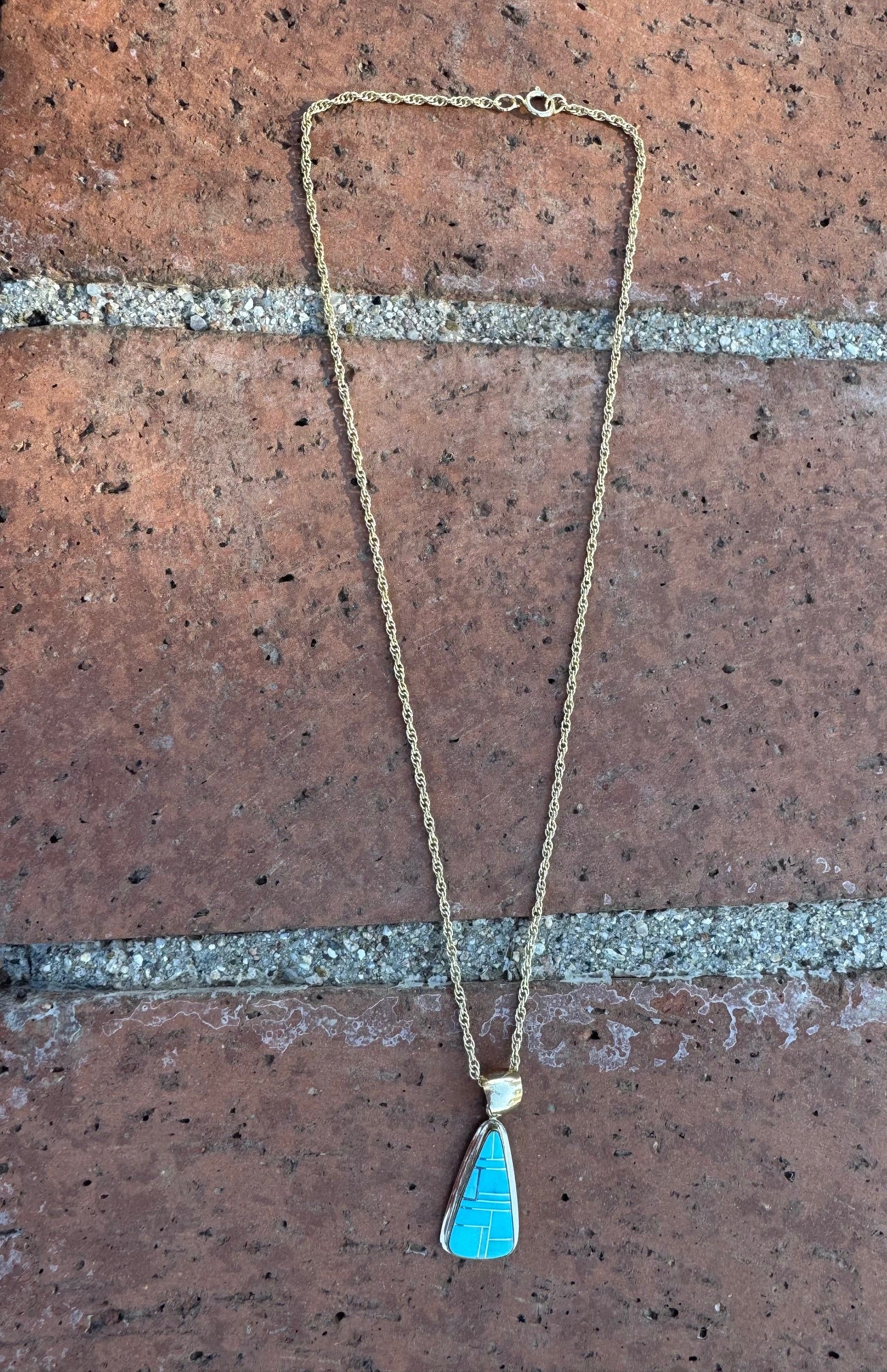 Handmade Gold Filled Over Sterling Silver & Turquoise Inlay Pendant Necklace 16"