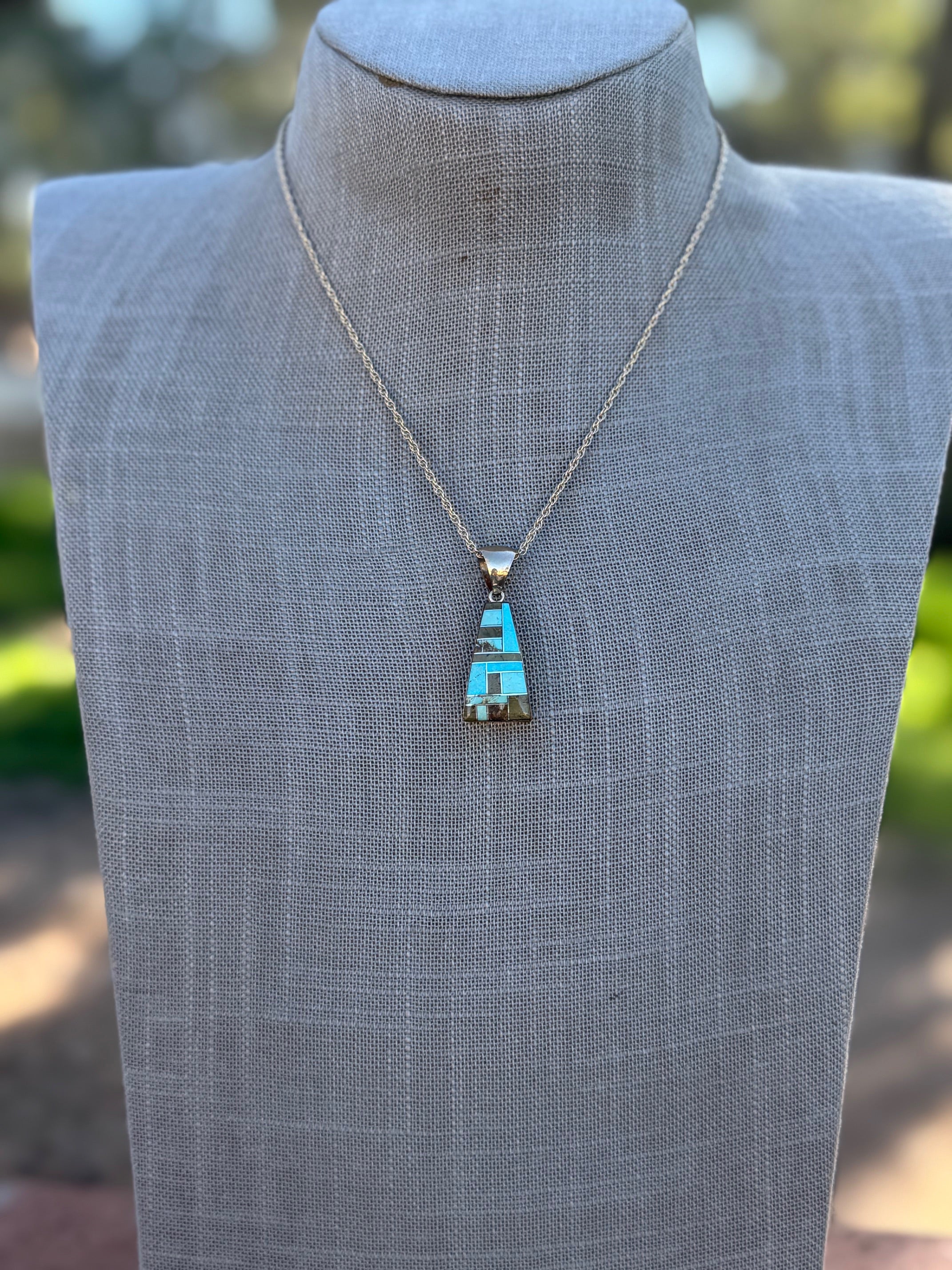 Handmade Gold Filled Over Sterling Silver & Turquoise Inlay Pendant Necklace 16"