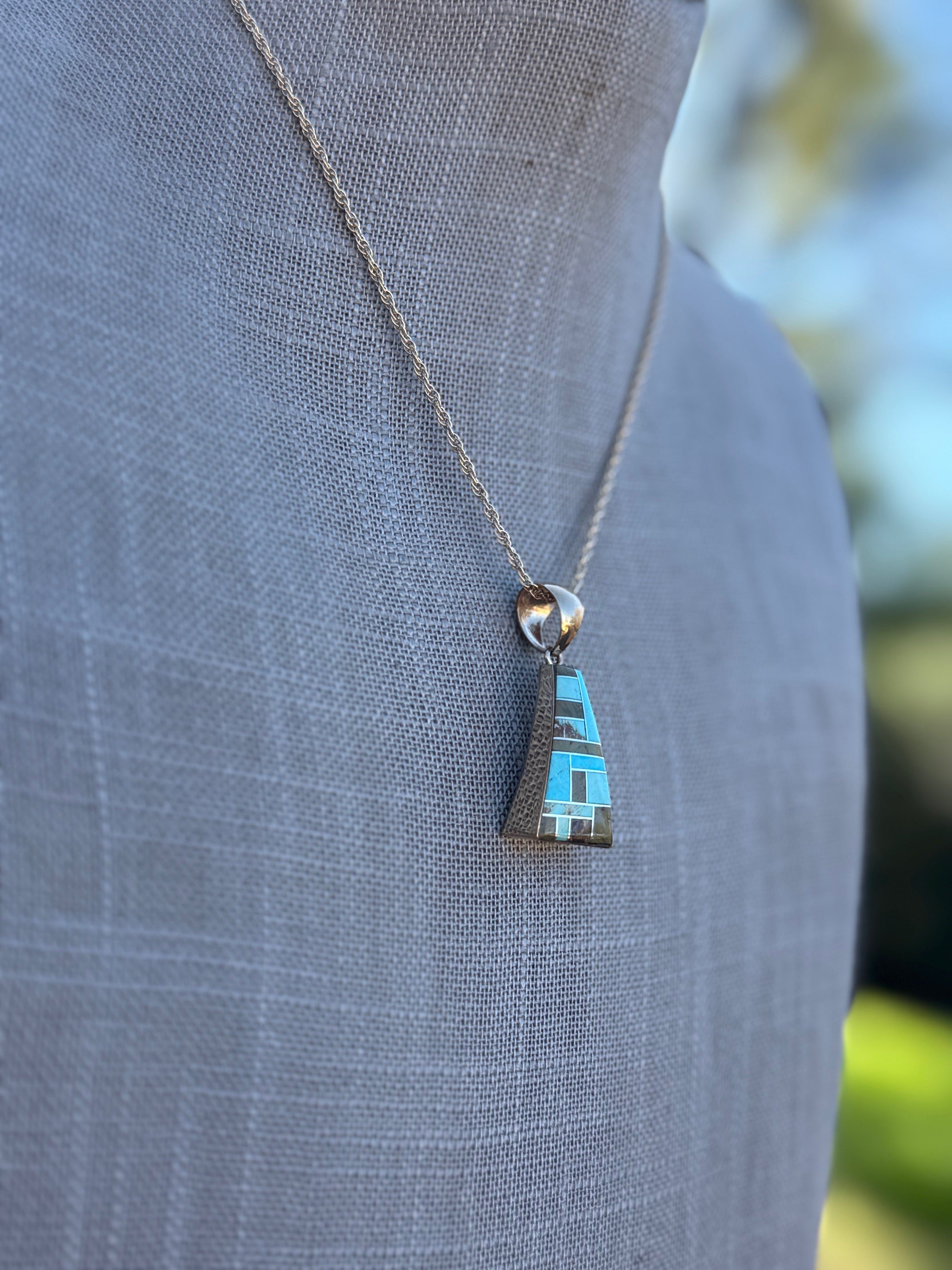 Handmade Gold Filled Over Sterling Silver & Turquoise Inlay Pendant Necklace 16"