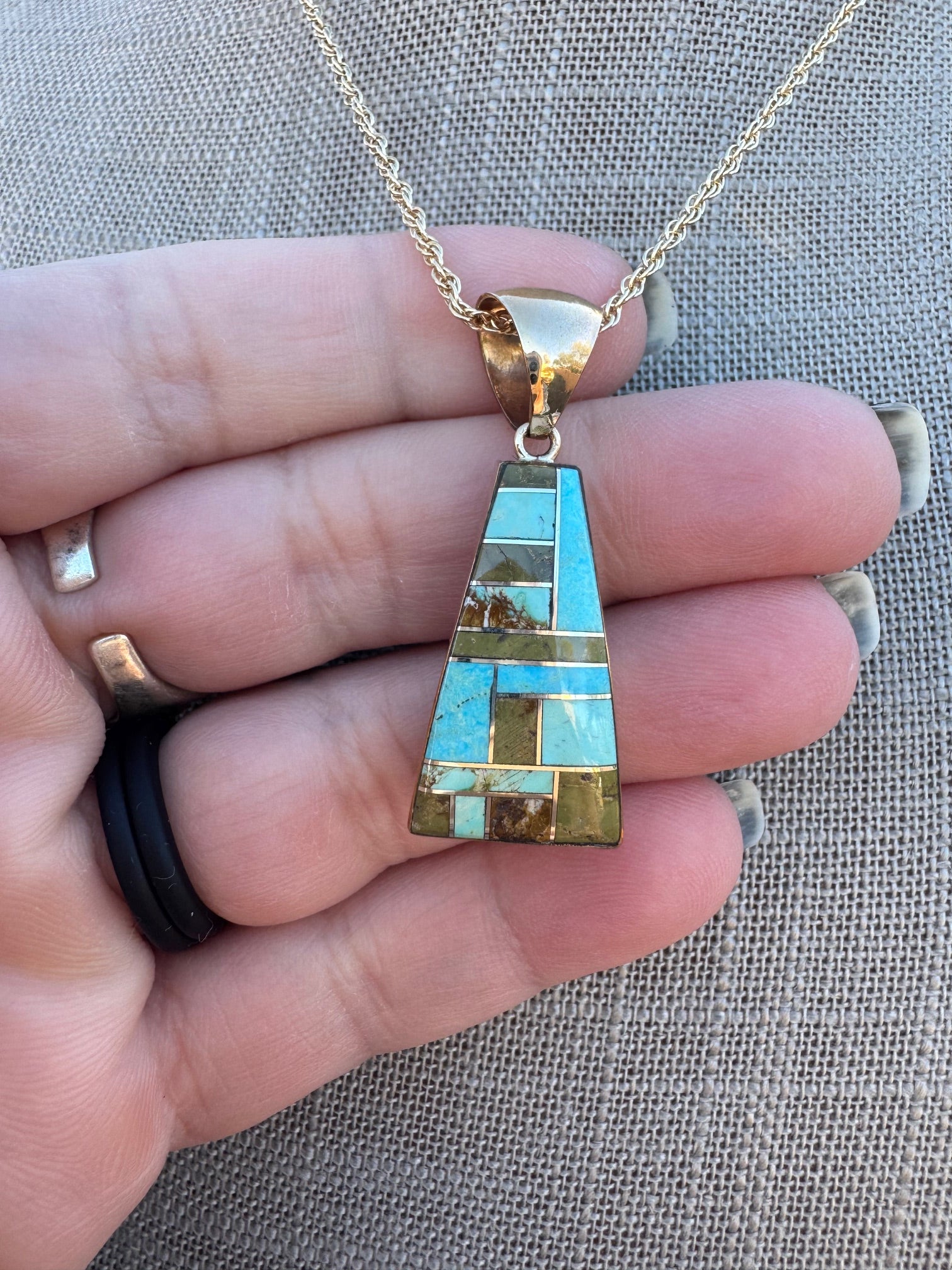Handmade Gold Filled Over Sterling Silver & Turquoise Inlay Pendant Necklace 16"