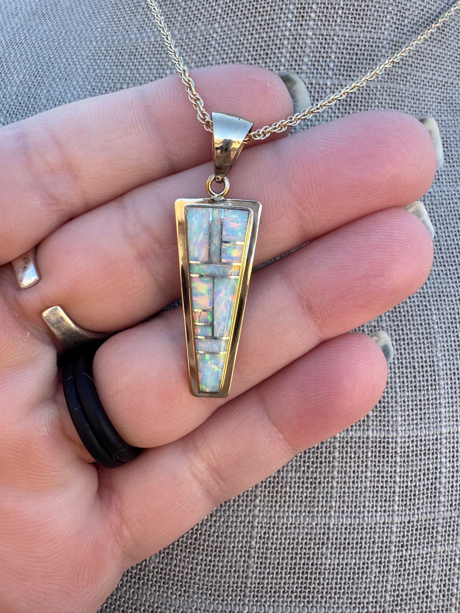 Handmade Gold Filled Over Sterling Silver & Opal Inlay Pendant Necklace 16"